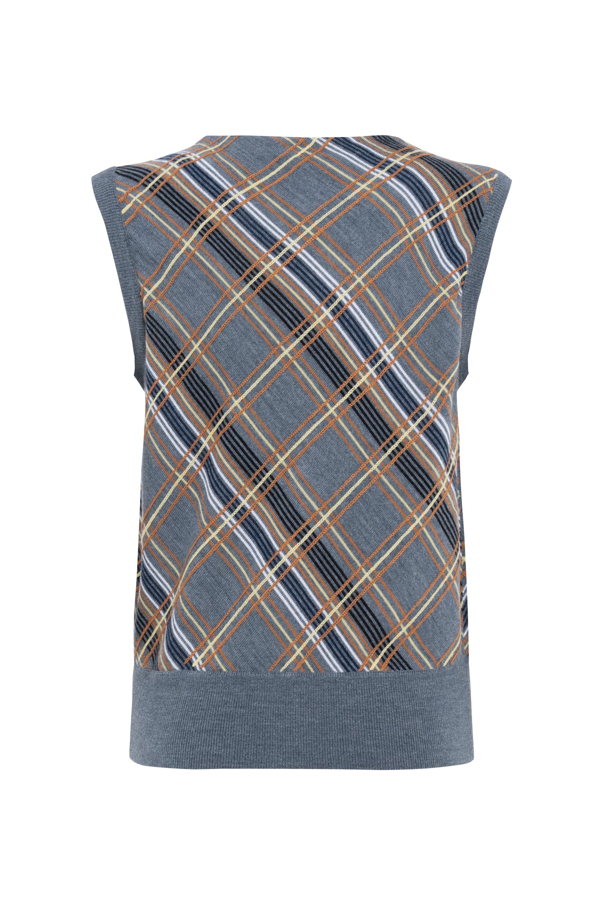 Grey Checked Sleeveless Cardigan Vest With Front Buttons