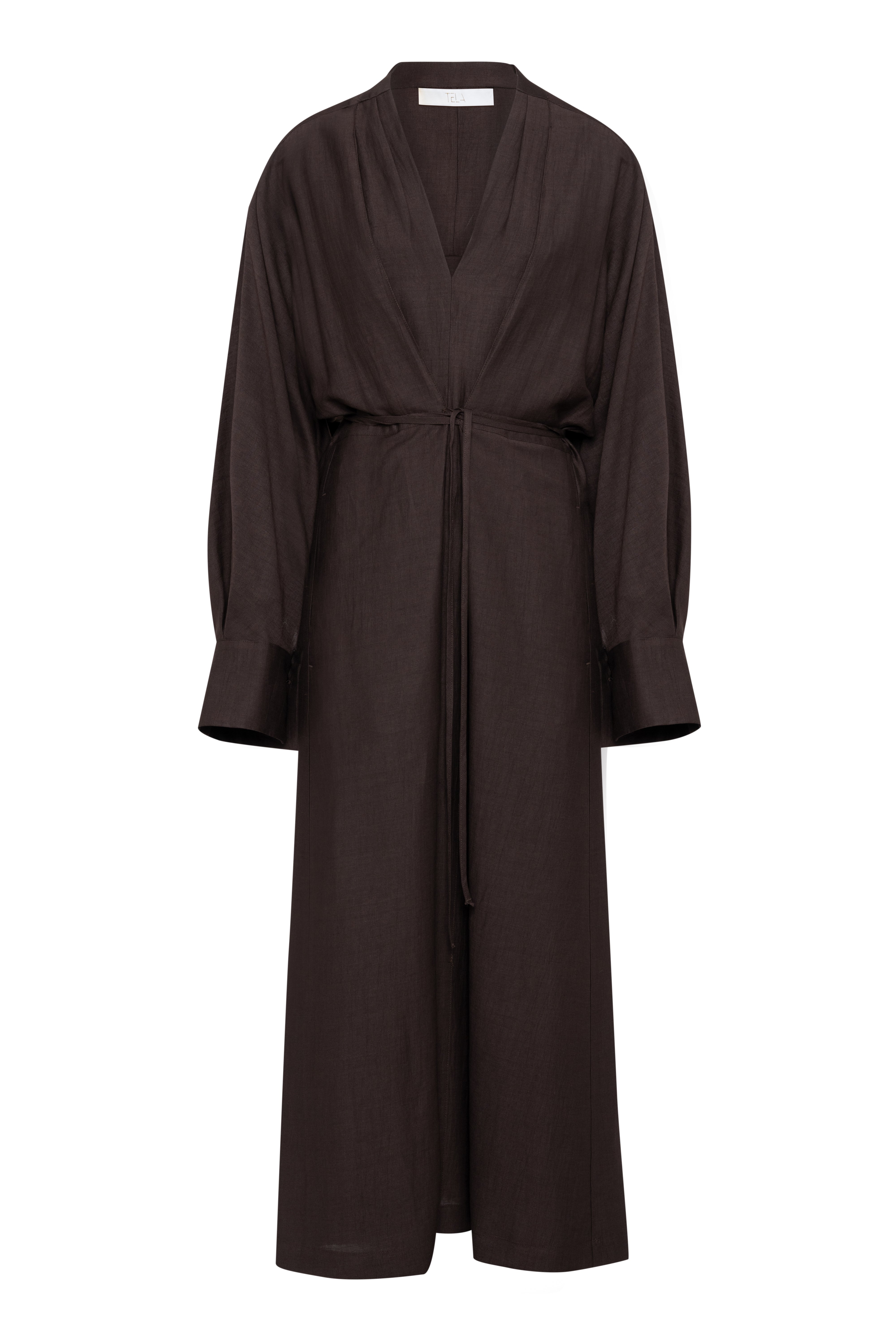 Long-Sleeve Kimono Maxi Dress In Chocolate Brown Linen-Viscose
