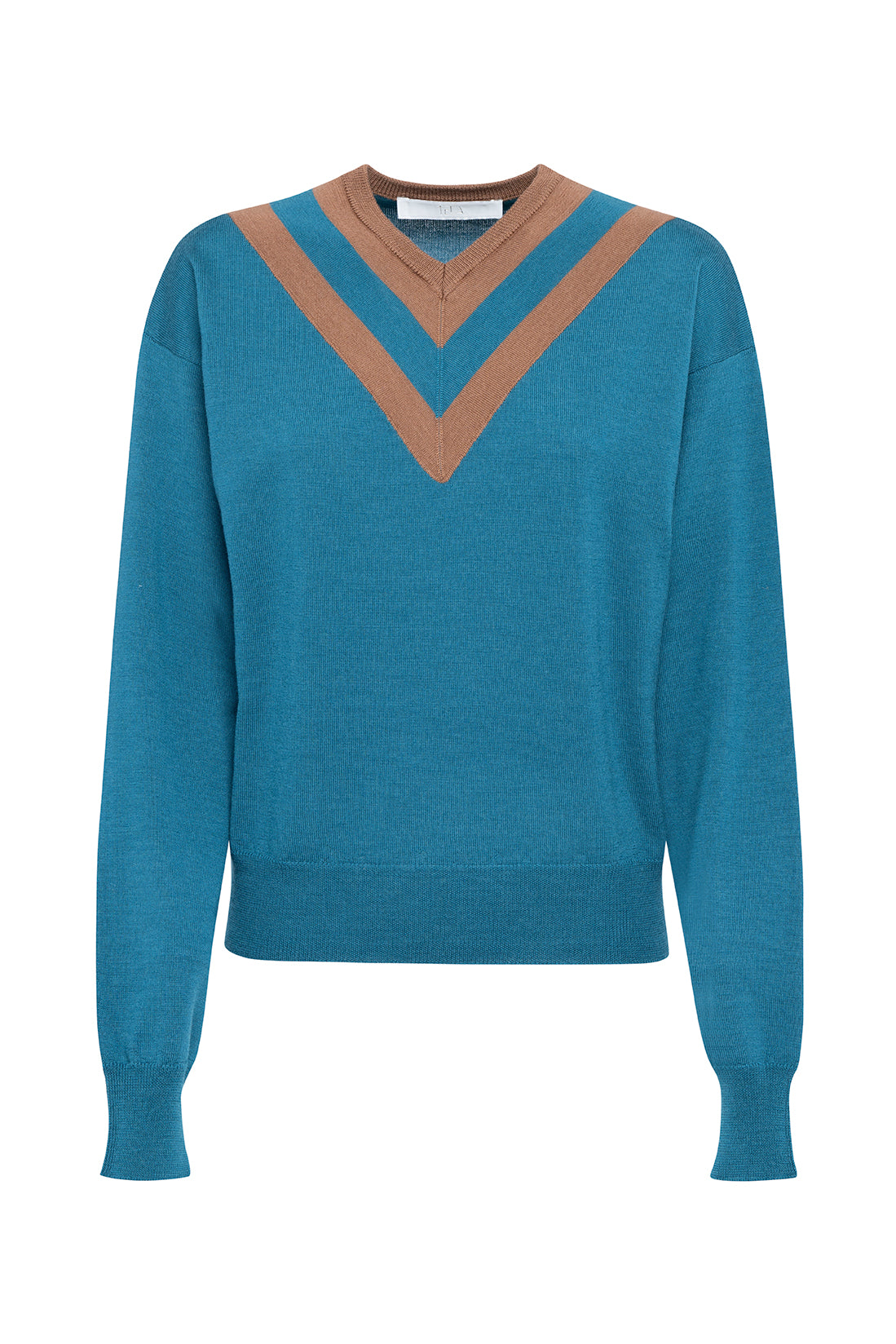 Two-Tone Patterned Merino Wool V-Neck Sweater