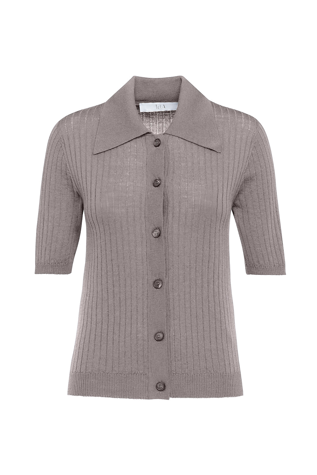 Grey Ribbed Merino Wool Polo Shirt With Front Button Closure