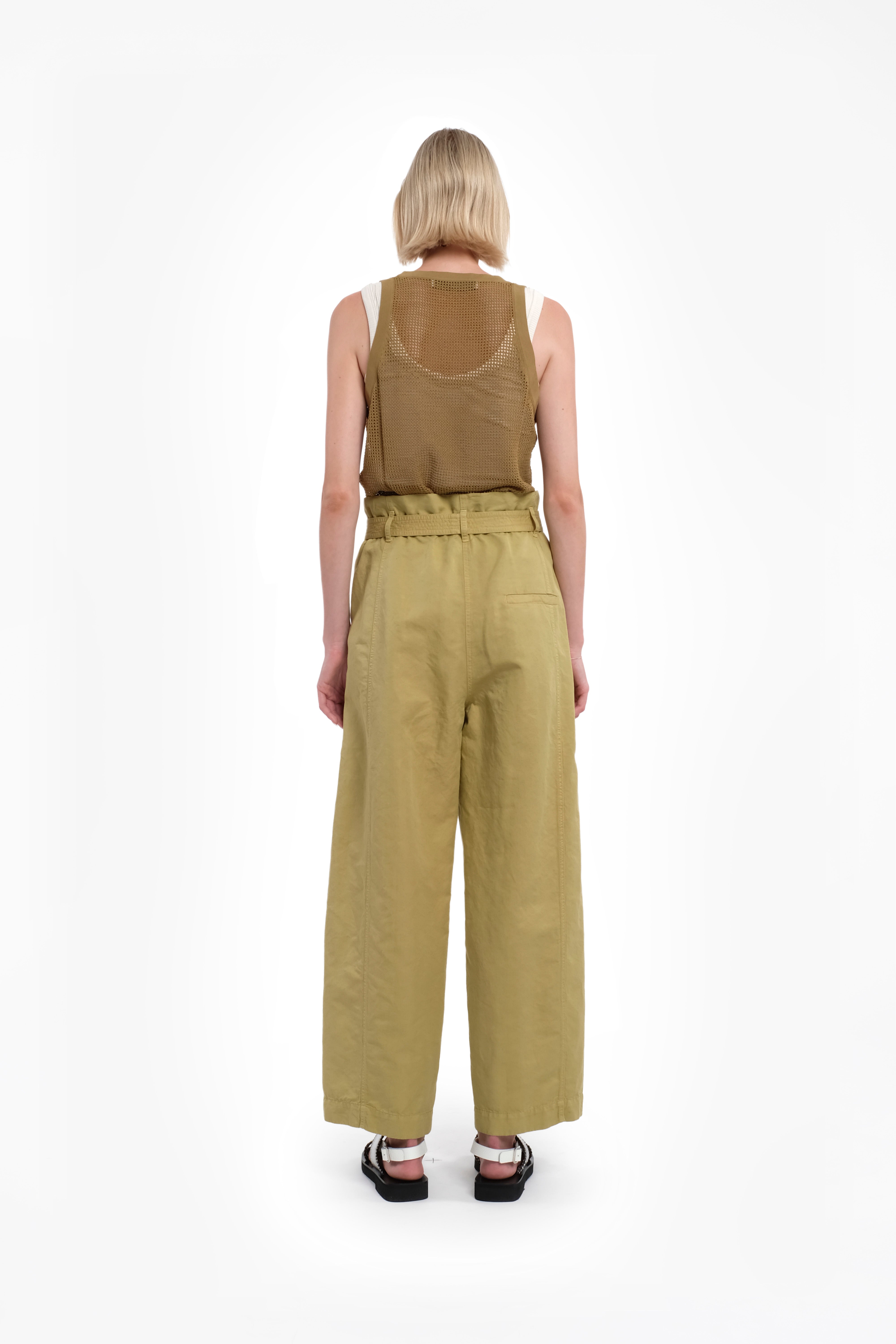 Pantaloni a gamba dritta colore pistacchio in lino-cotone con vita regolabile