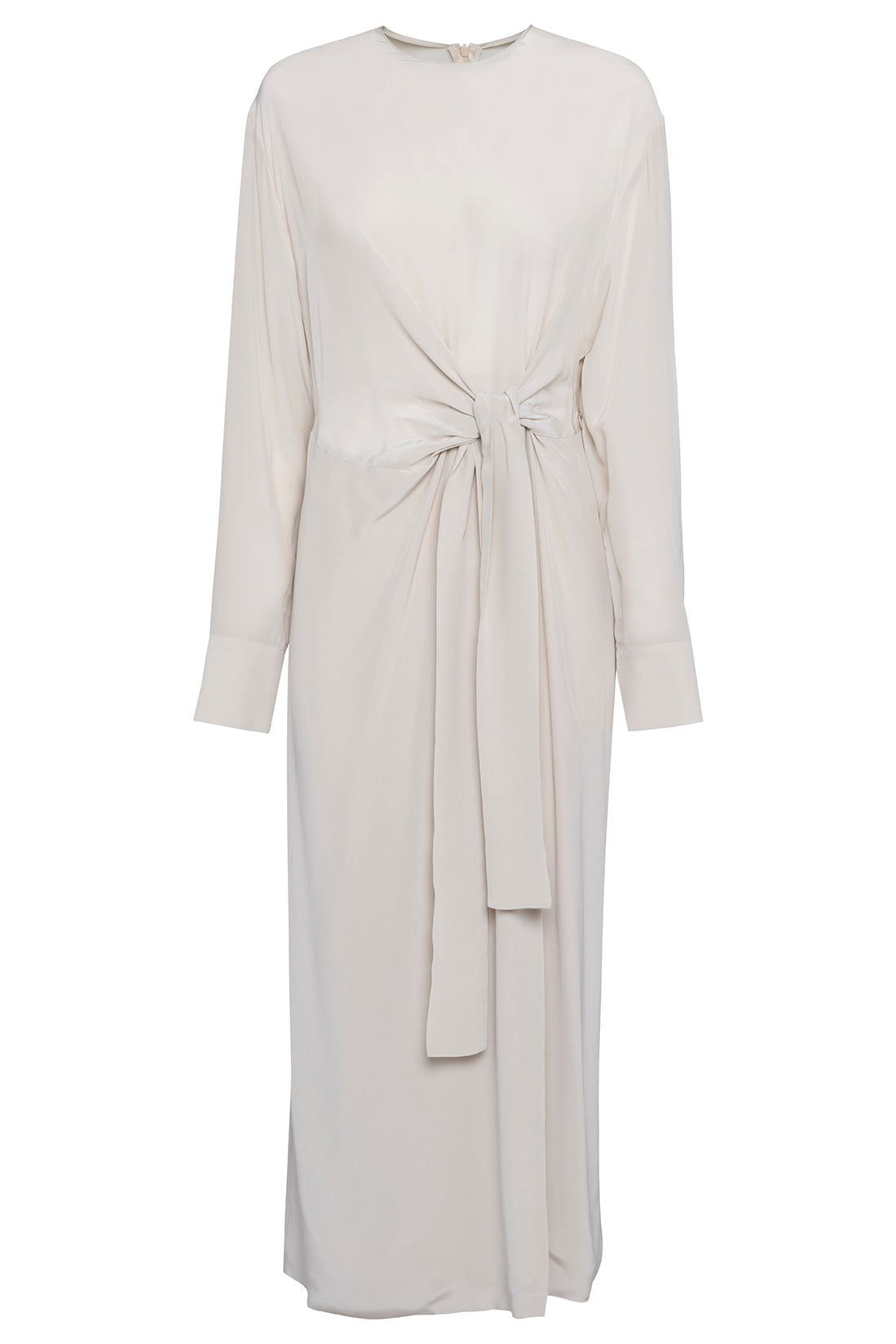 Chalk White Long-Sleeved Maxi Dress In Fluid Viscose With Front Knot