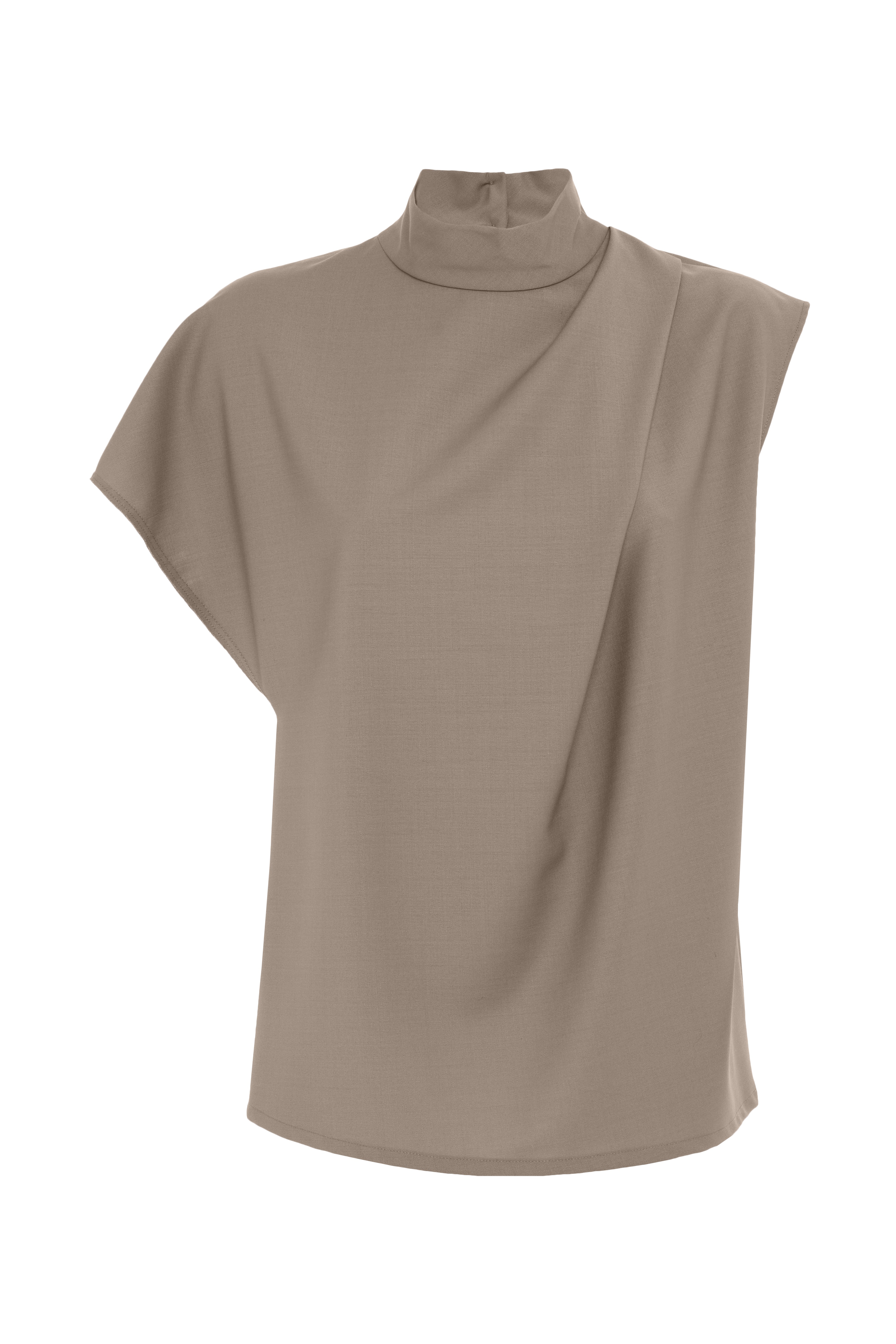 Beige Asymmetrical Short-Sleeve Shirt In Polyester And Wool Blend