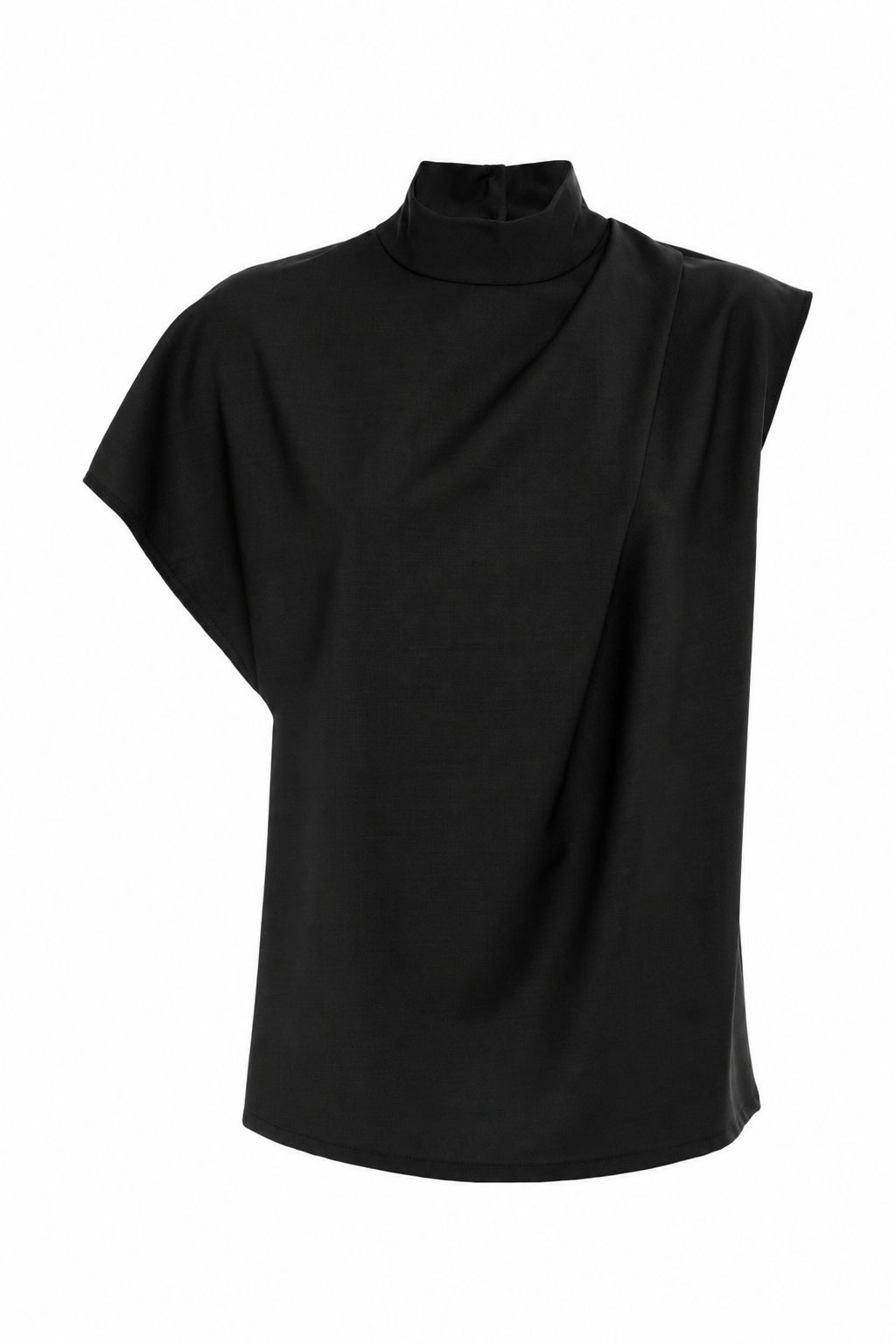 Black Asymmetrical Short-Sleeve Shirt In Polyester And Wool Blend