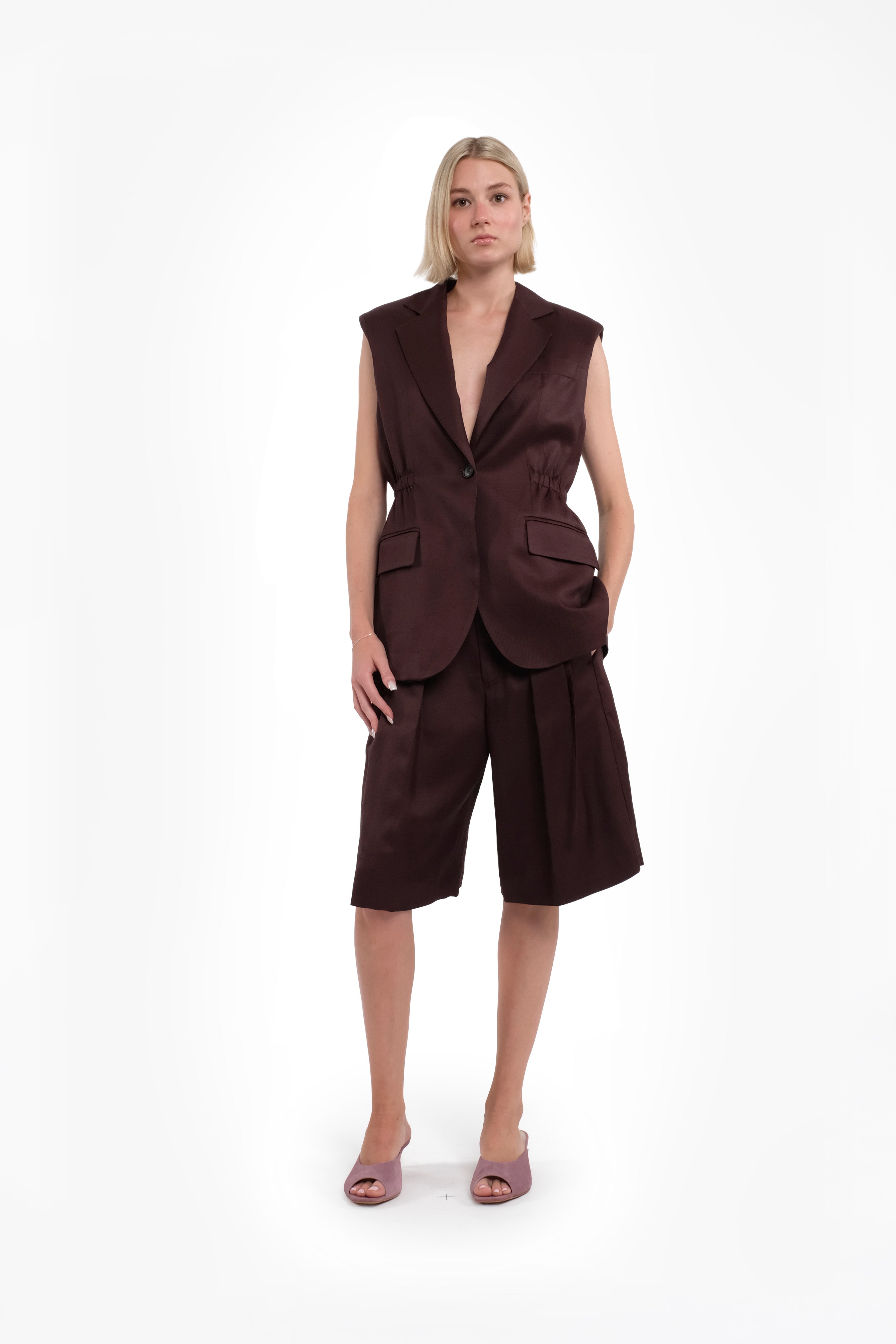 Single-Breasted Plum Vest With Button And Waist Shirring In City Fluid Viscose