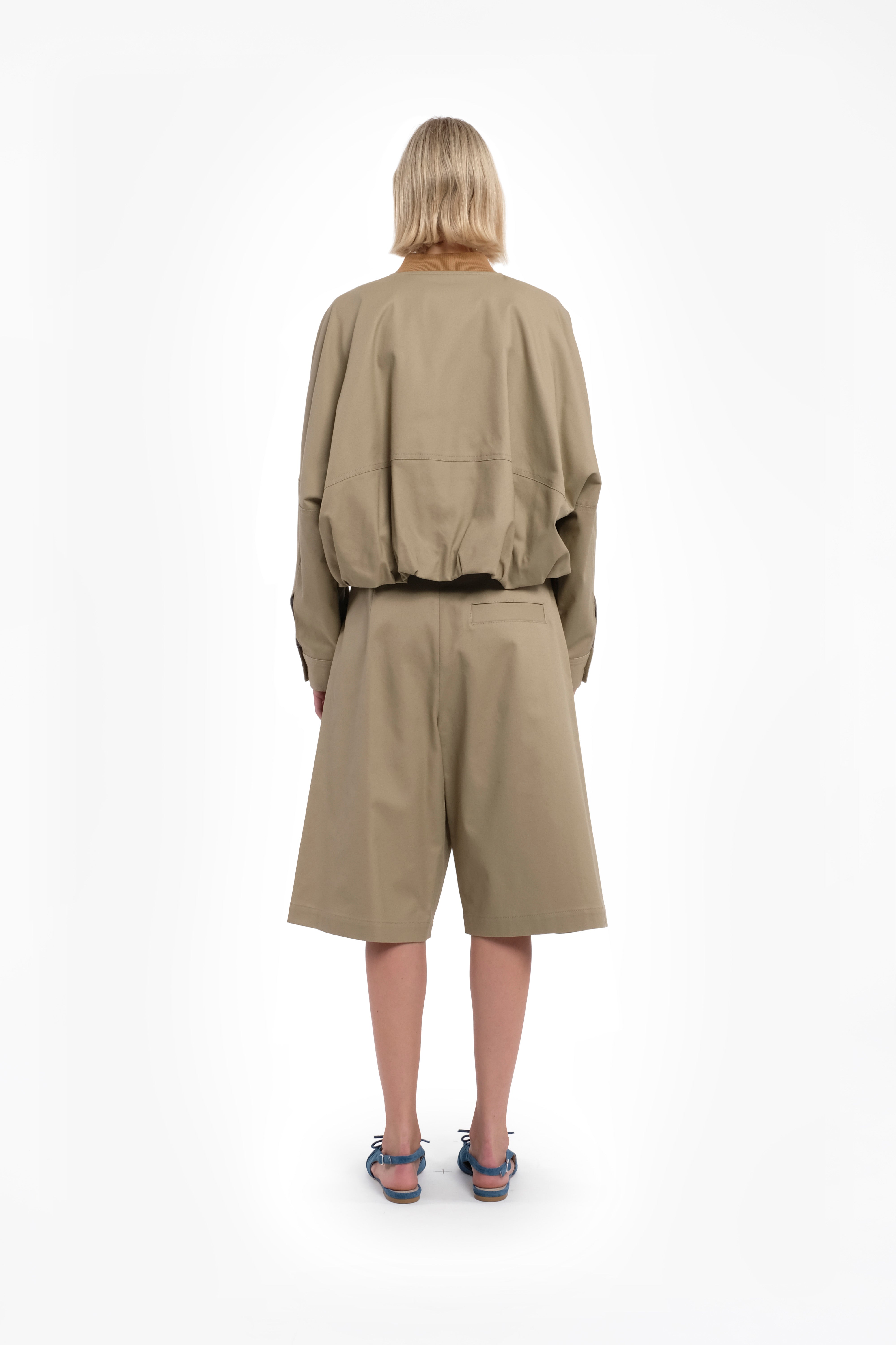 Cropped Ruched Cotton Jacket In Sand Color With Zipper