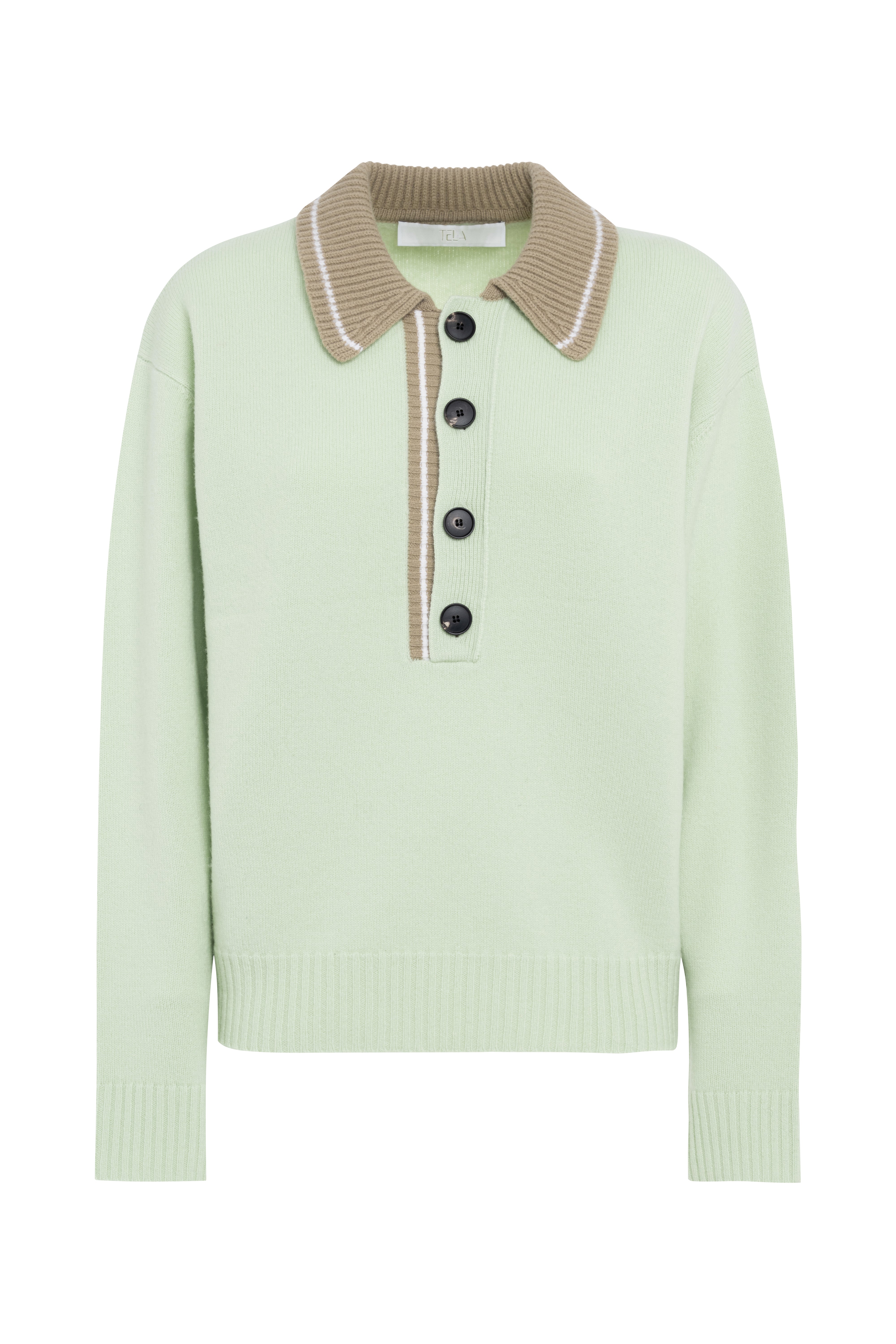 Mint Green Long-Sleeve Polo Sweater With Beige Contrast Collar And Buttons