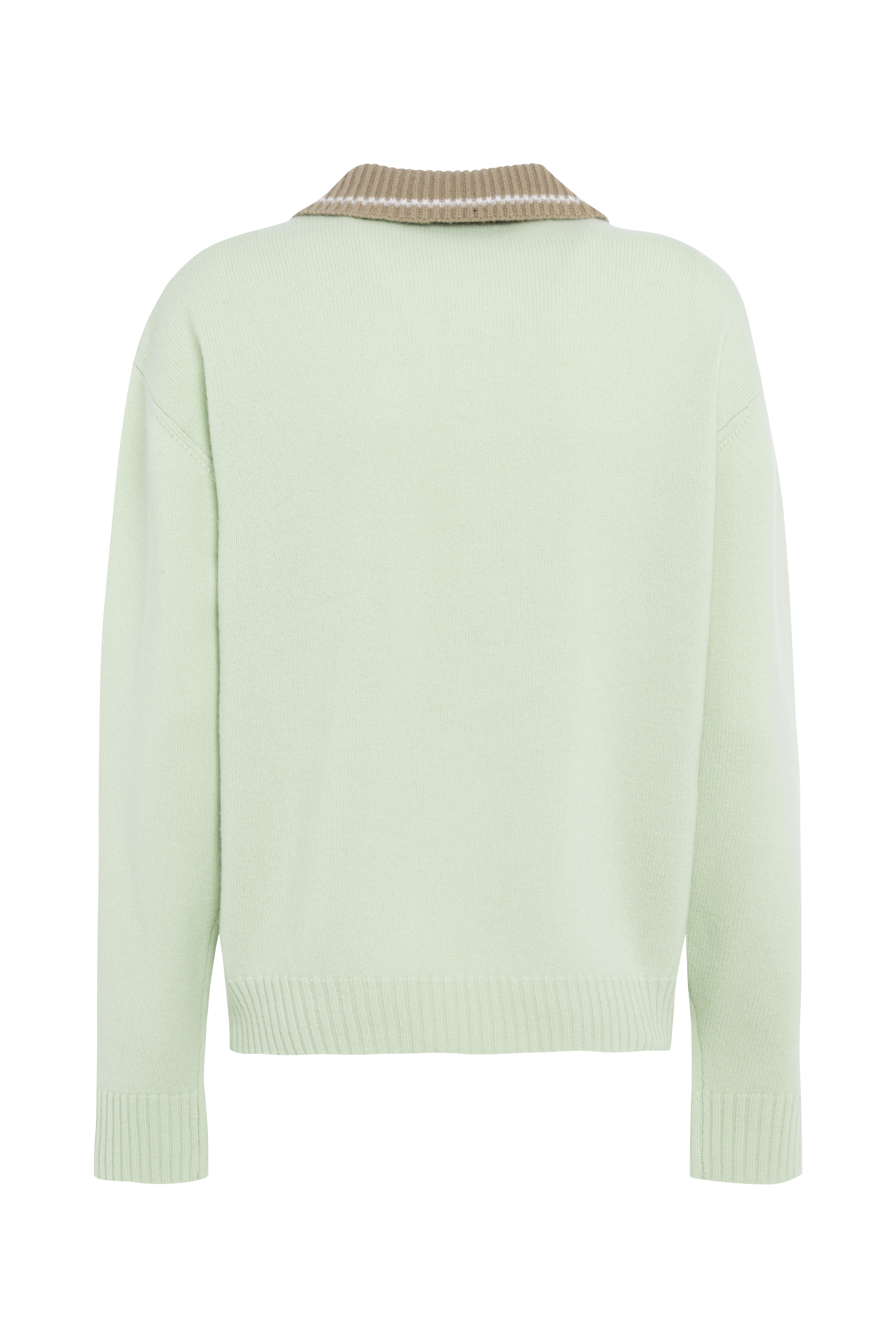Mint Green Long-Sleeve Polo Sweater With Beige Contrast Collar And Buttons