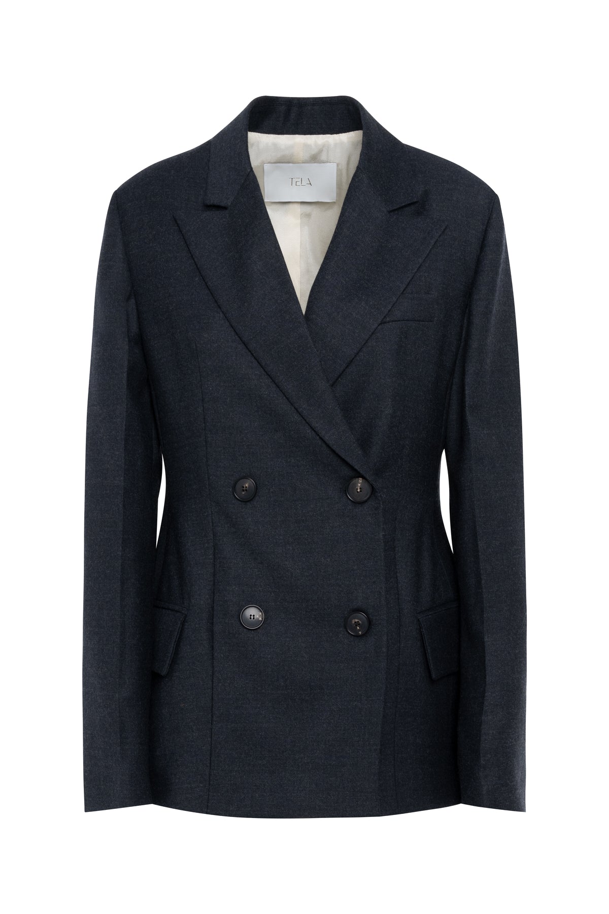 Charcoal Double-Breasted Flannel Blazer With Fitted Waist