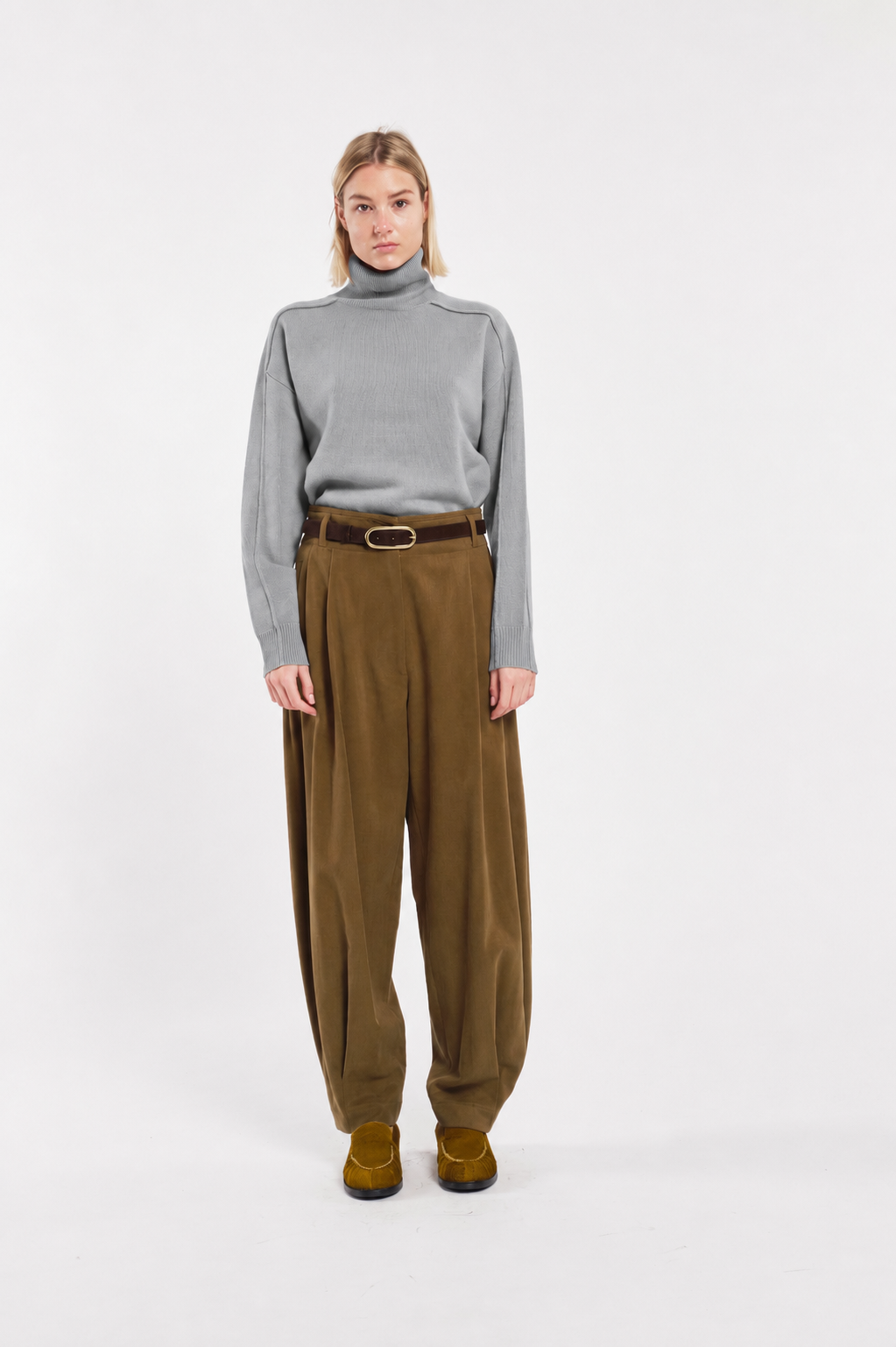 Heather Grey Turtleneck Sweater With Textured Seams
