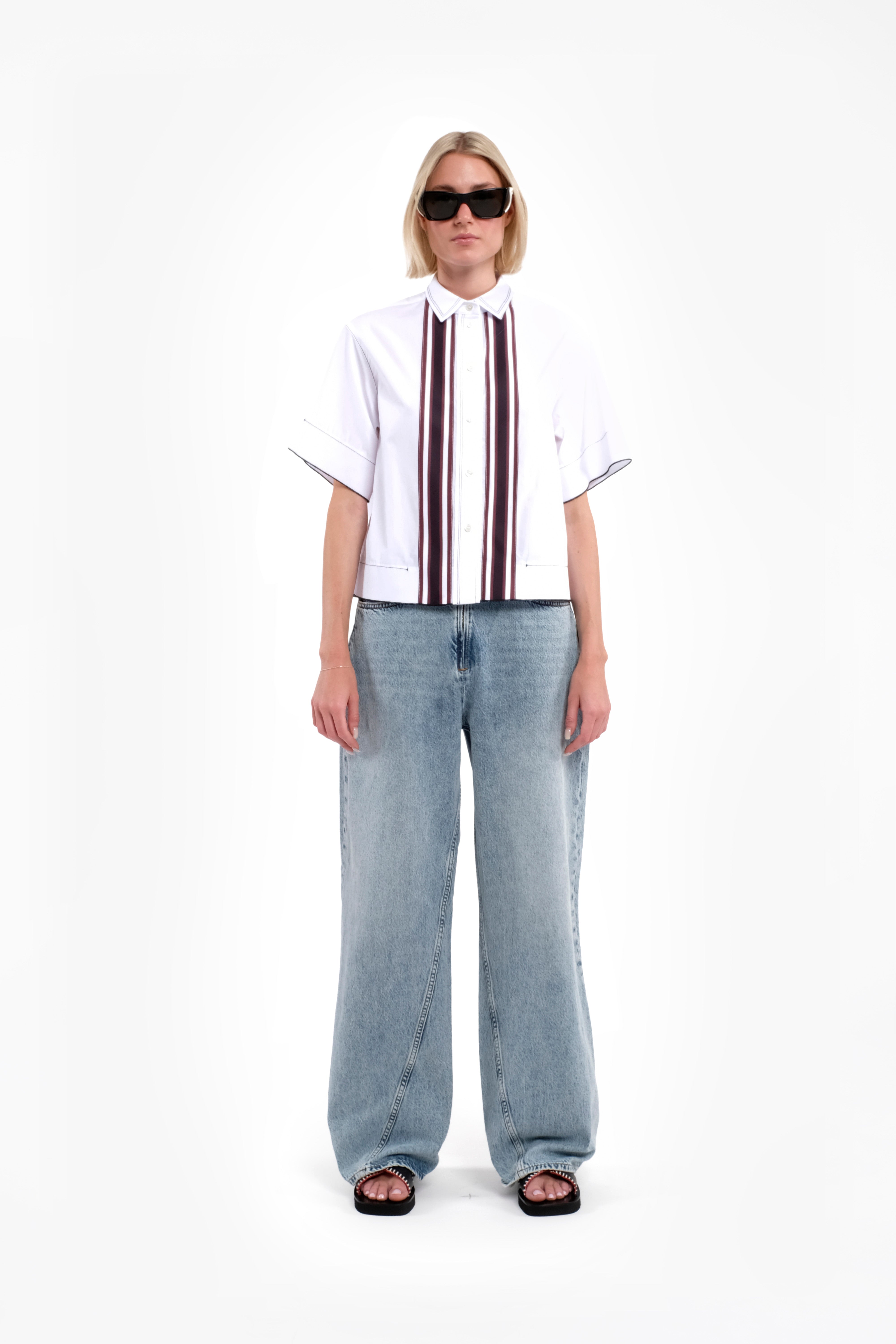 Short-Sleeve White Poplin Polo Shirt With Front Stripes