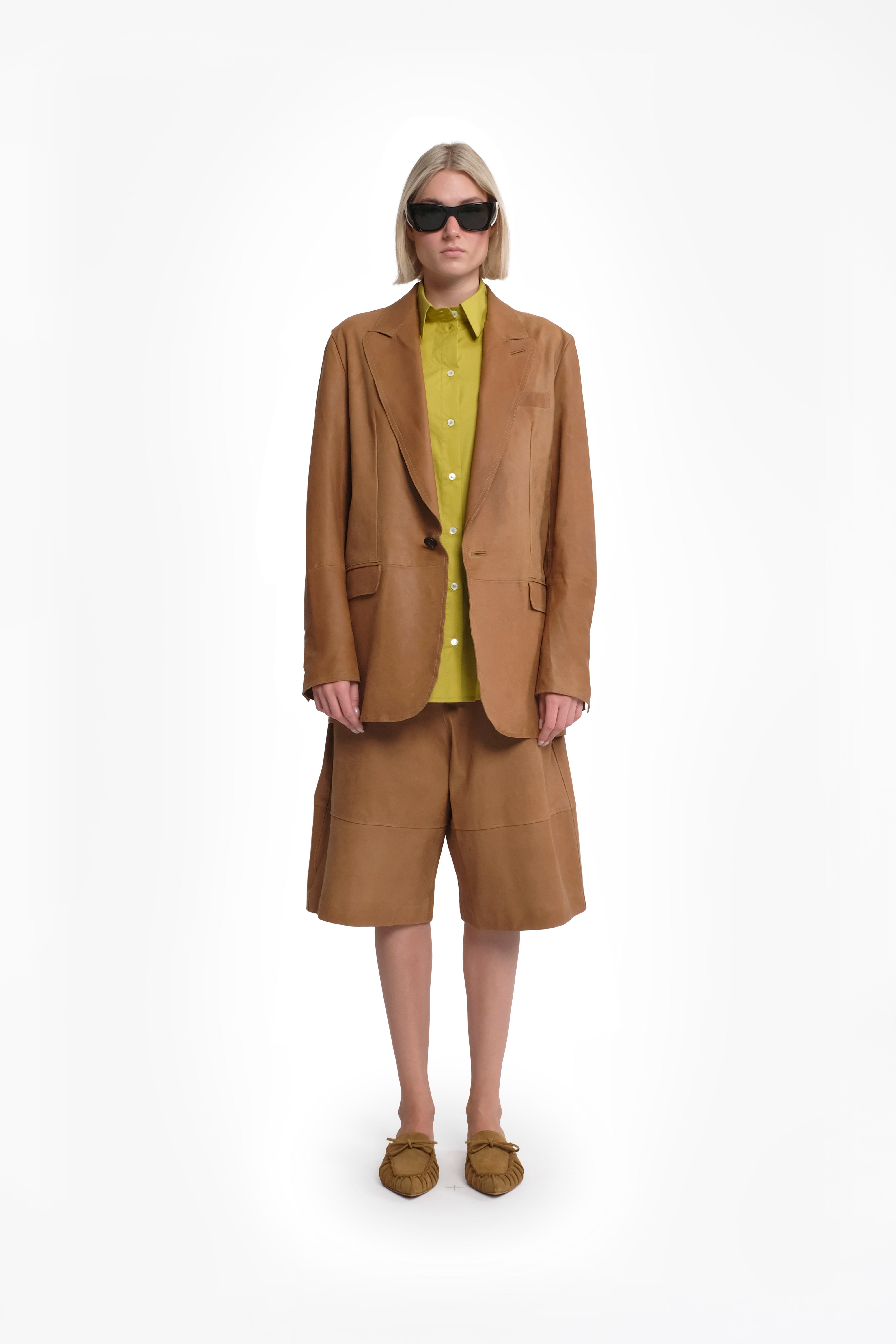 Single-Breasted Blazer Jacket In Beige Waxed Suede