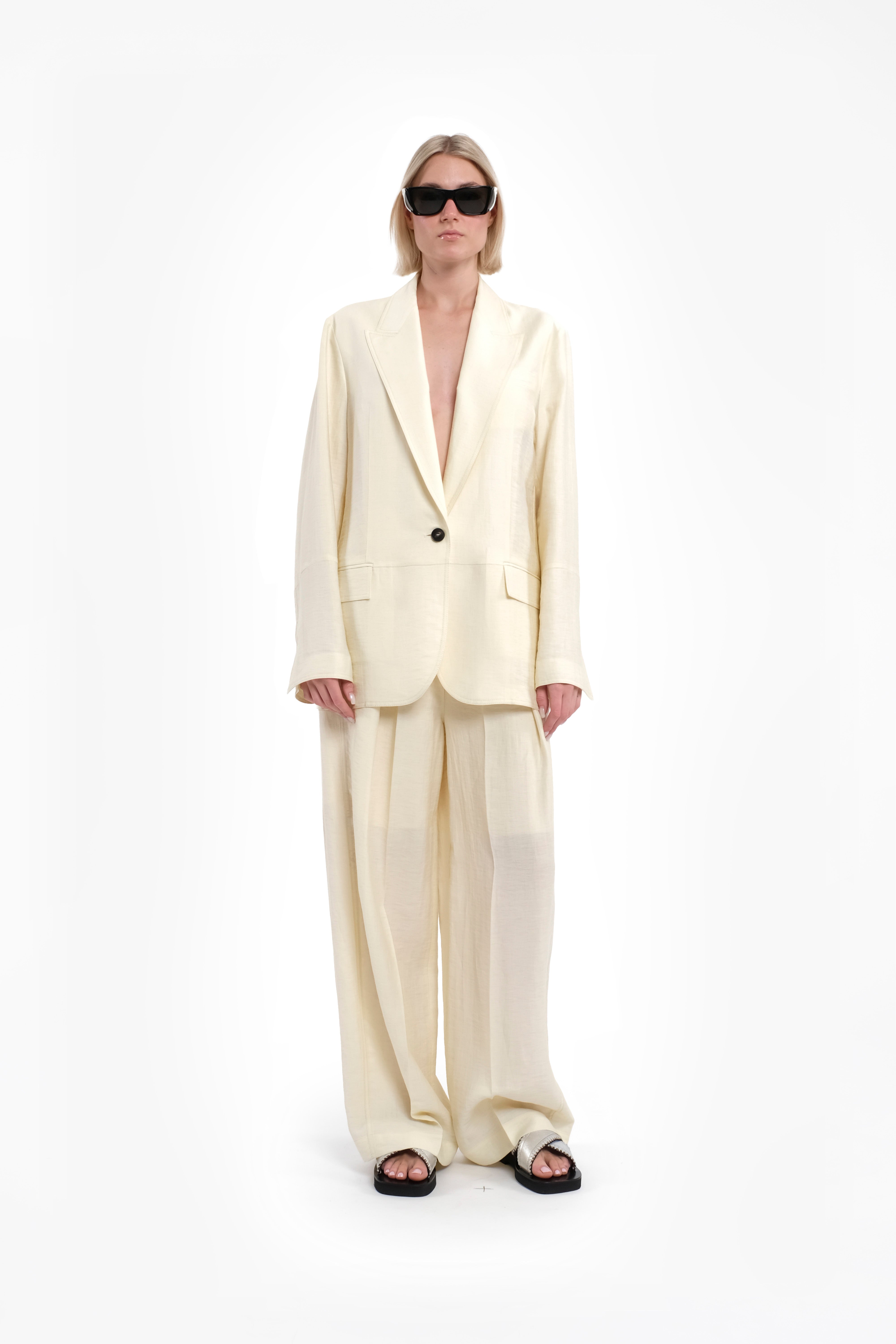 Single-Breasted Pastel Banana Yellow Blazer In Linen-Viscose