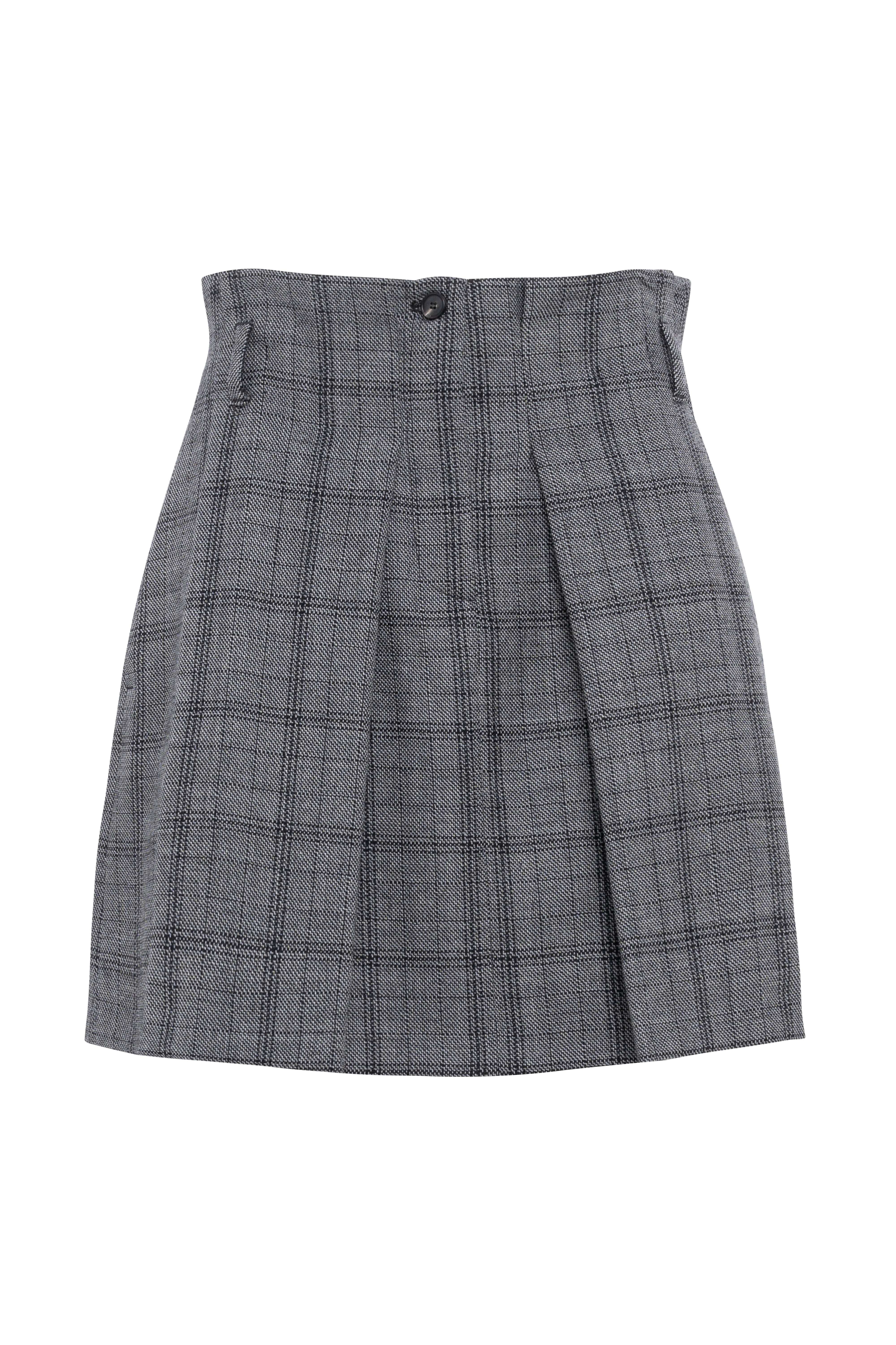 Checked Wool Pleated Mini Skirt With Fitted Waist