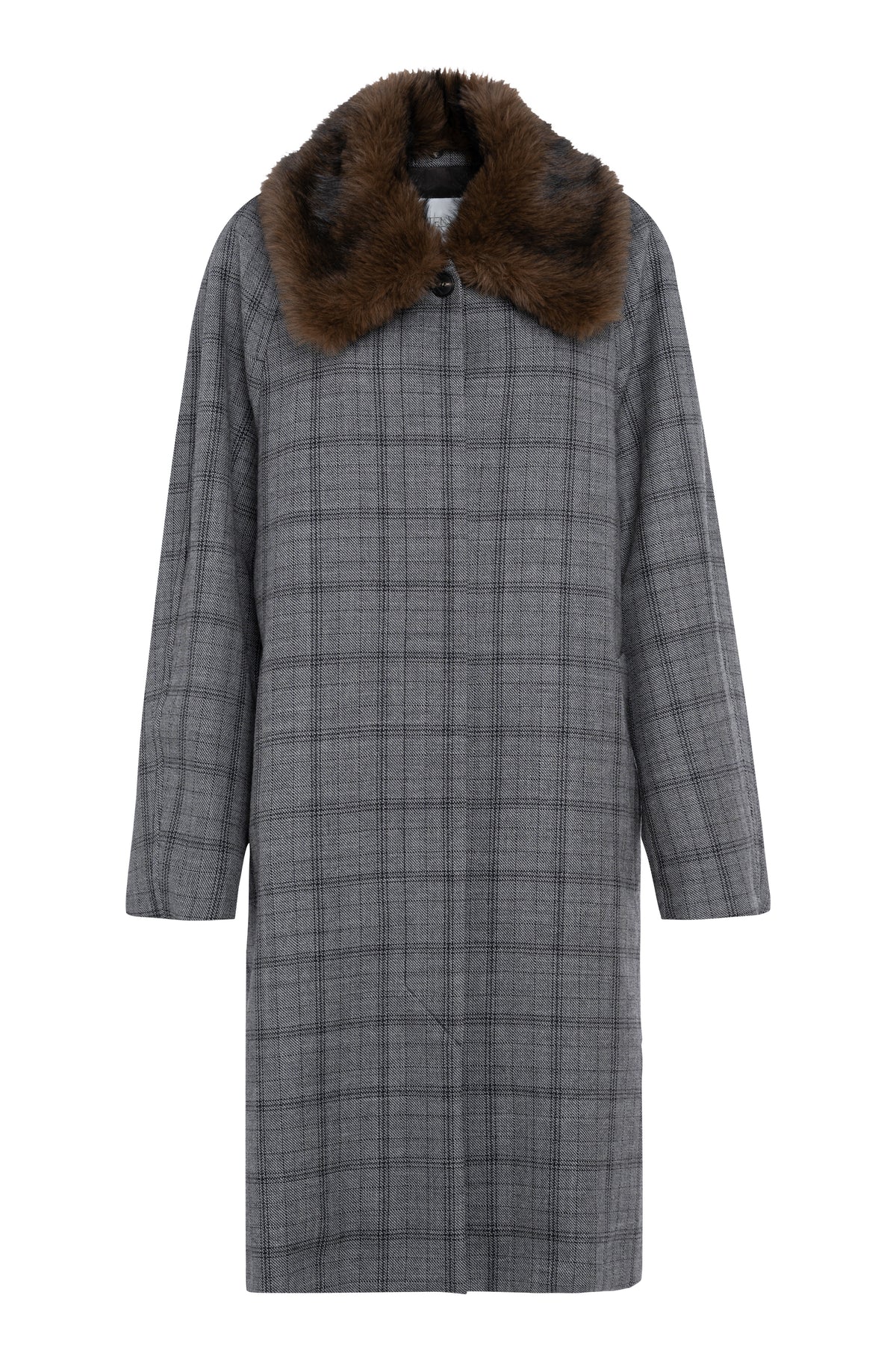 Long Checked Wool Coat With Fur Collar