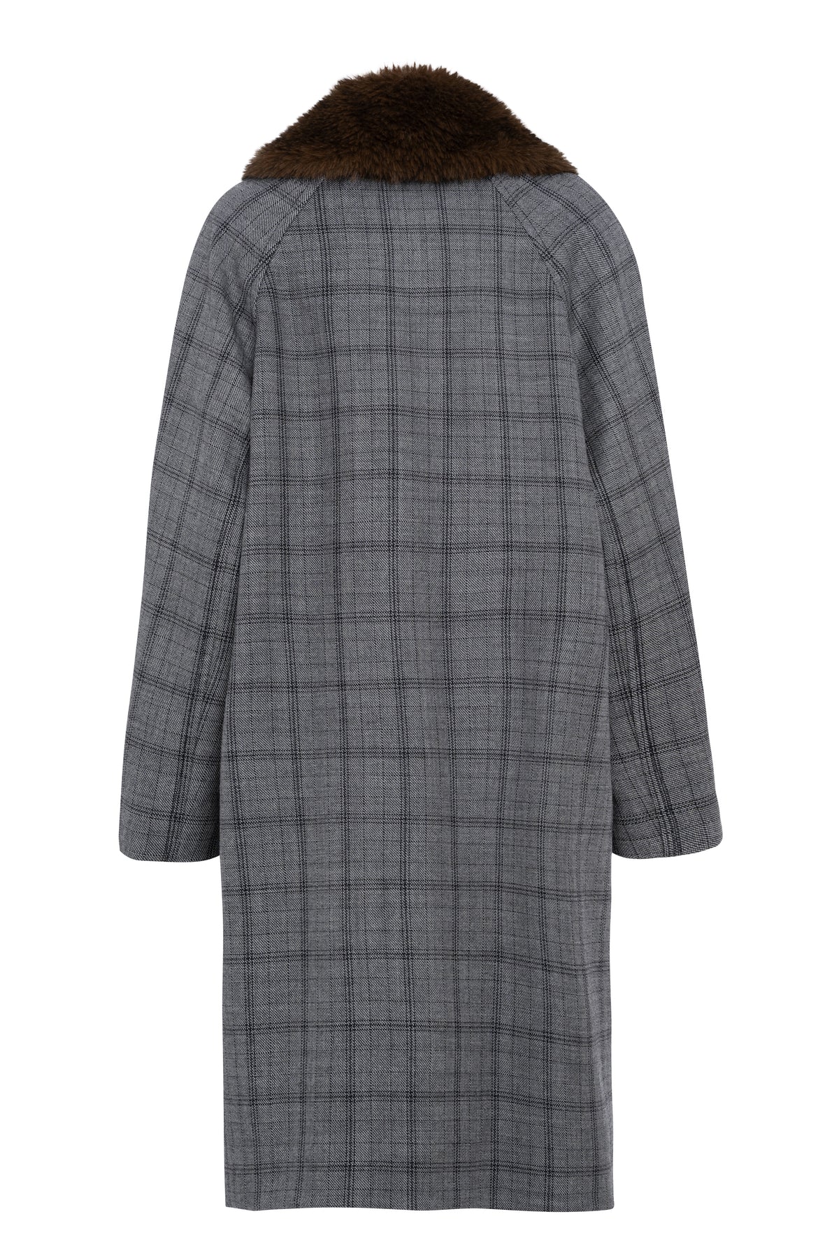 Long Checked Wool Coat With Fur Collar