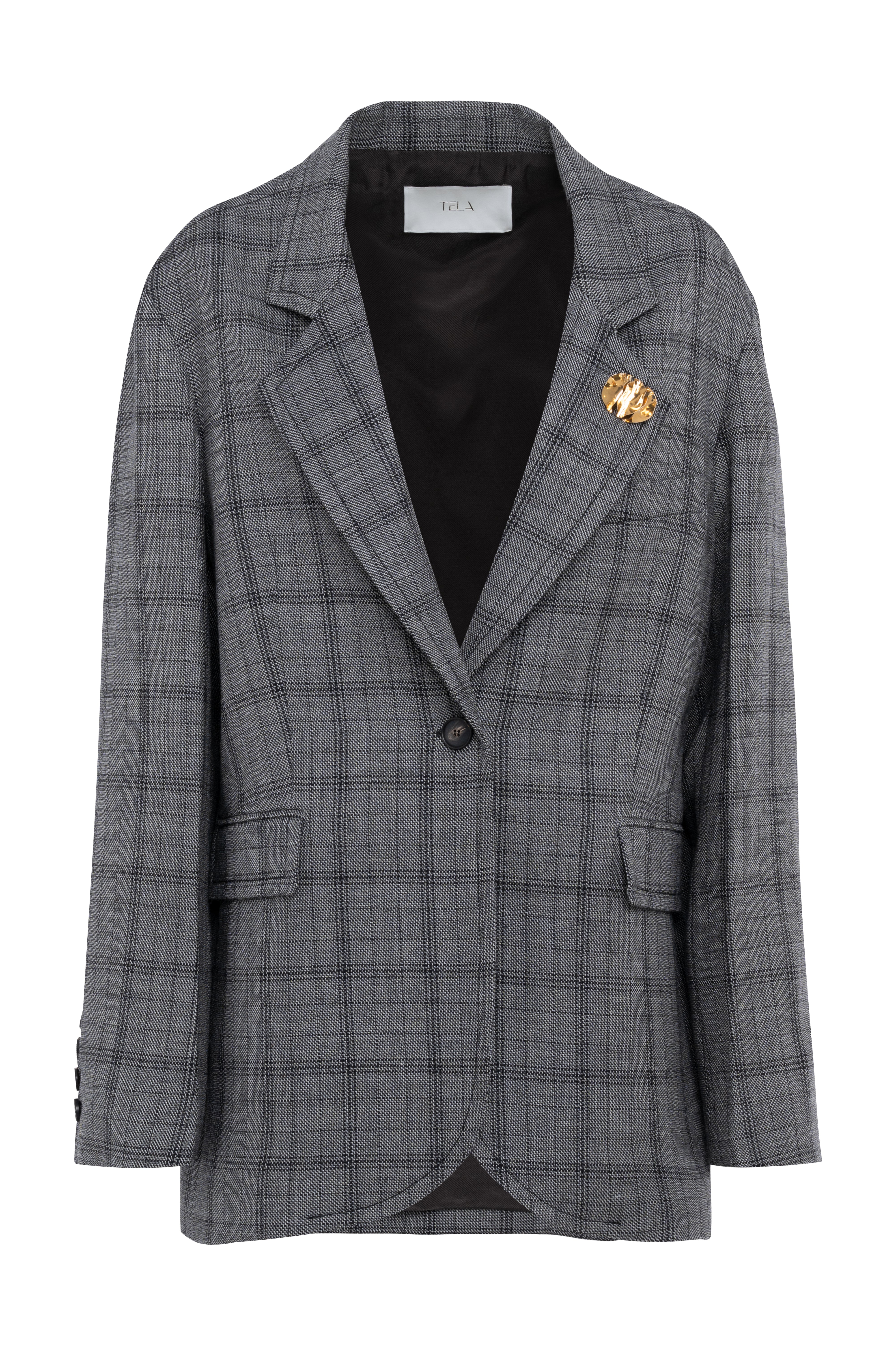 Single-Breasted Checked Wool Blazer With Gold Brooch Detail