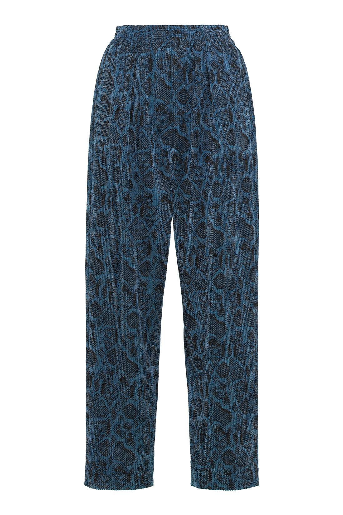 Teal Blue Snakeskin-Print Straight-Leg Trousers