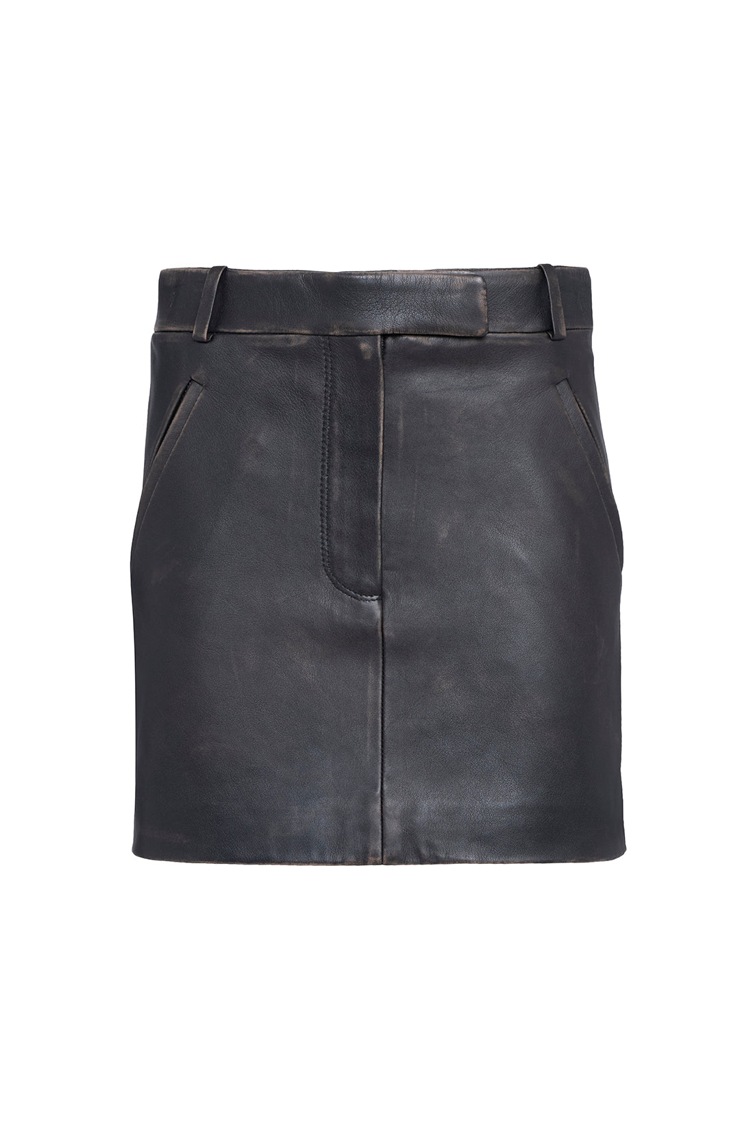 Black Smocked Leather Mini Skirt