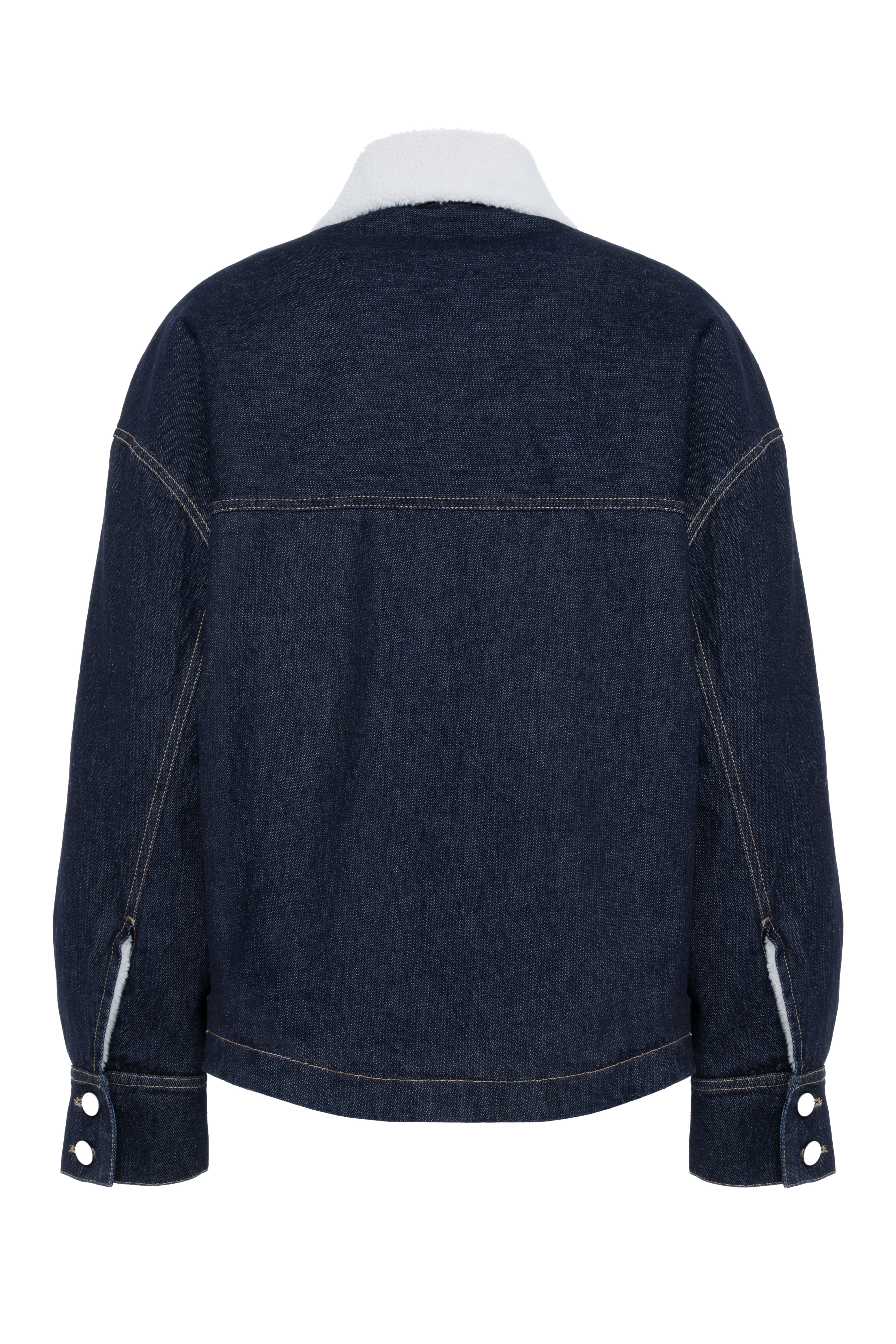 Giacca in denim blu scuro con colletto in pelliccia bianca