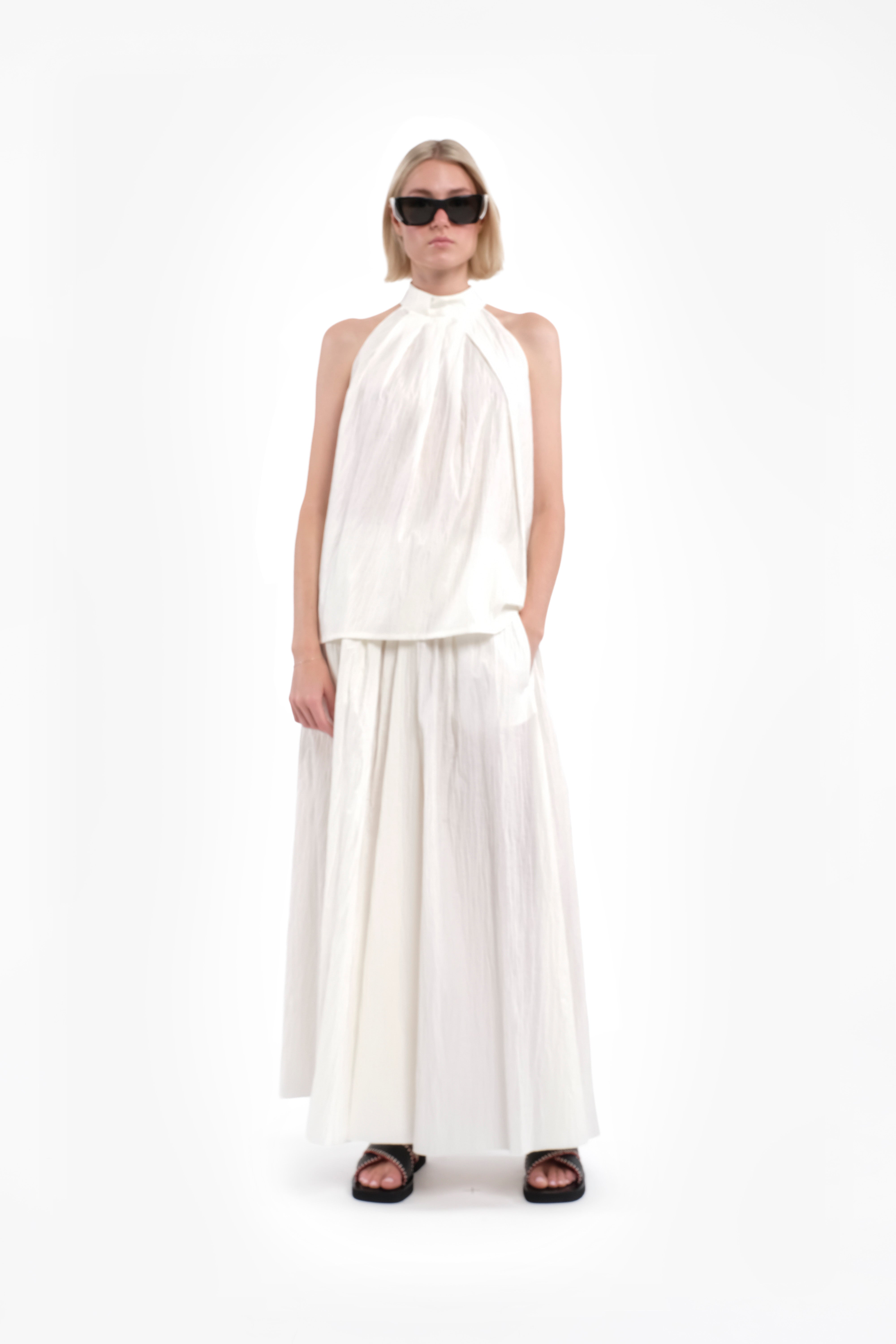 White Halter Tank Top In Crinkled Cotton