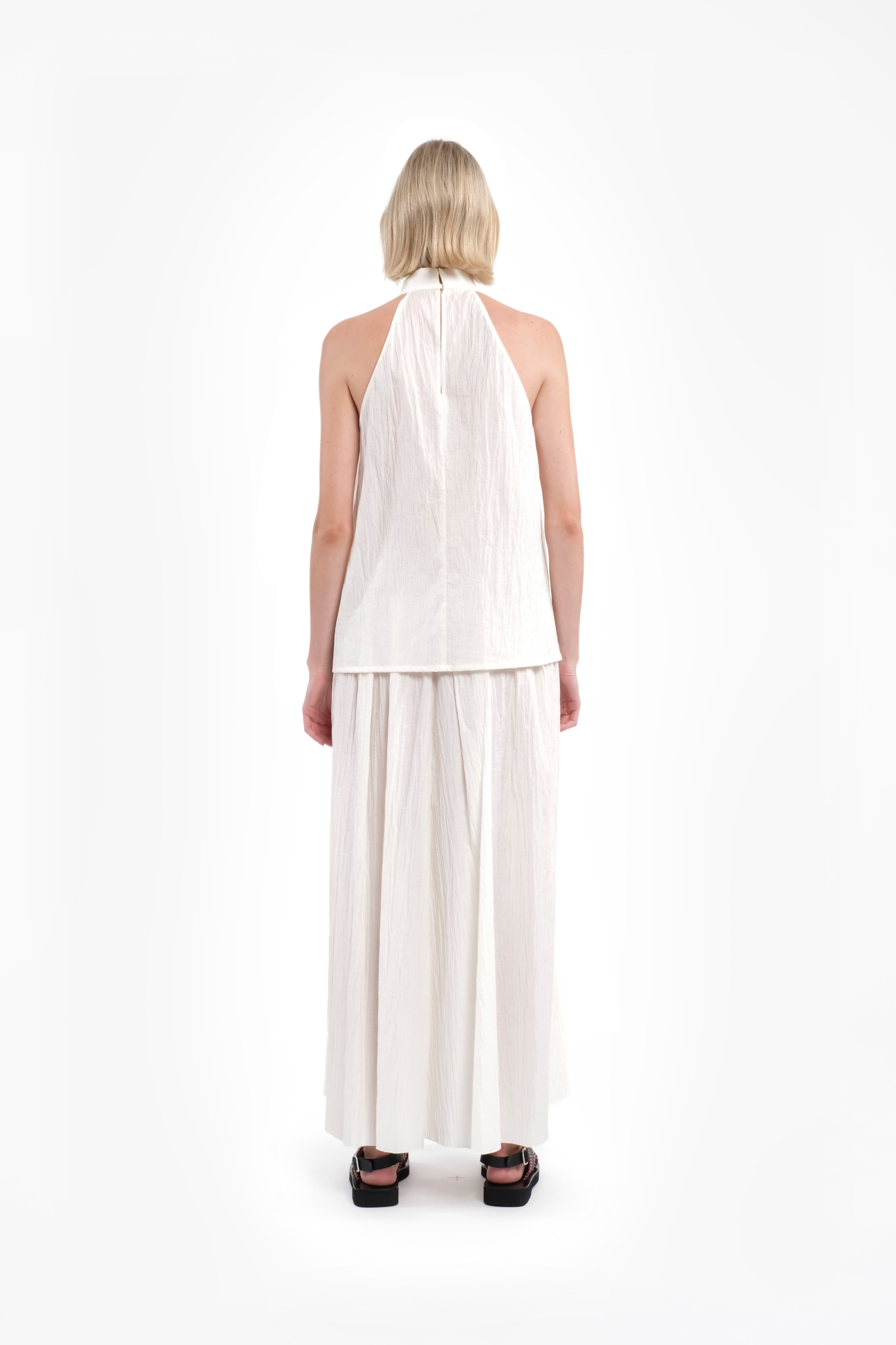 White Halter Tank Top In Crinkled Cotton