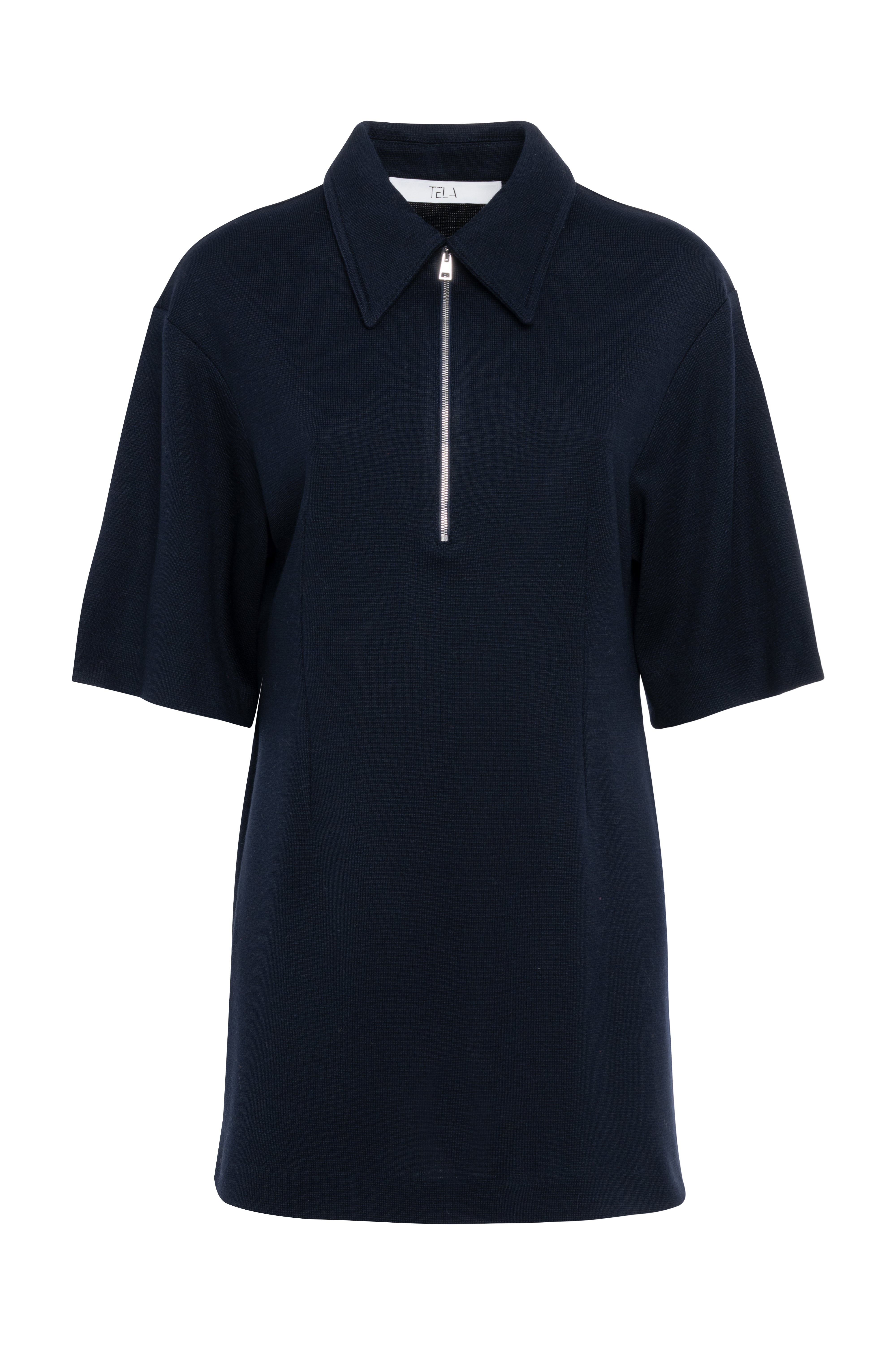 Dark Blue Short-Sleeve Polo Top With Front Zip In Wool Jersey