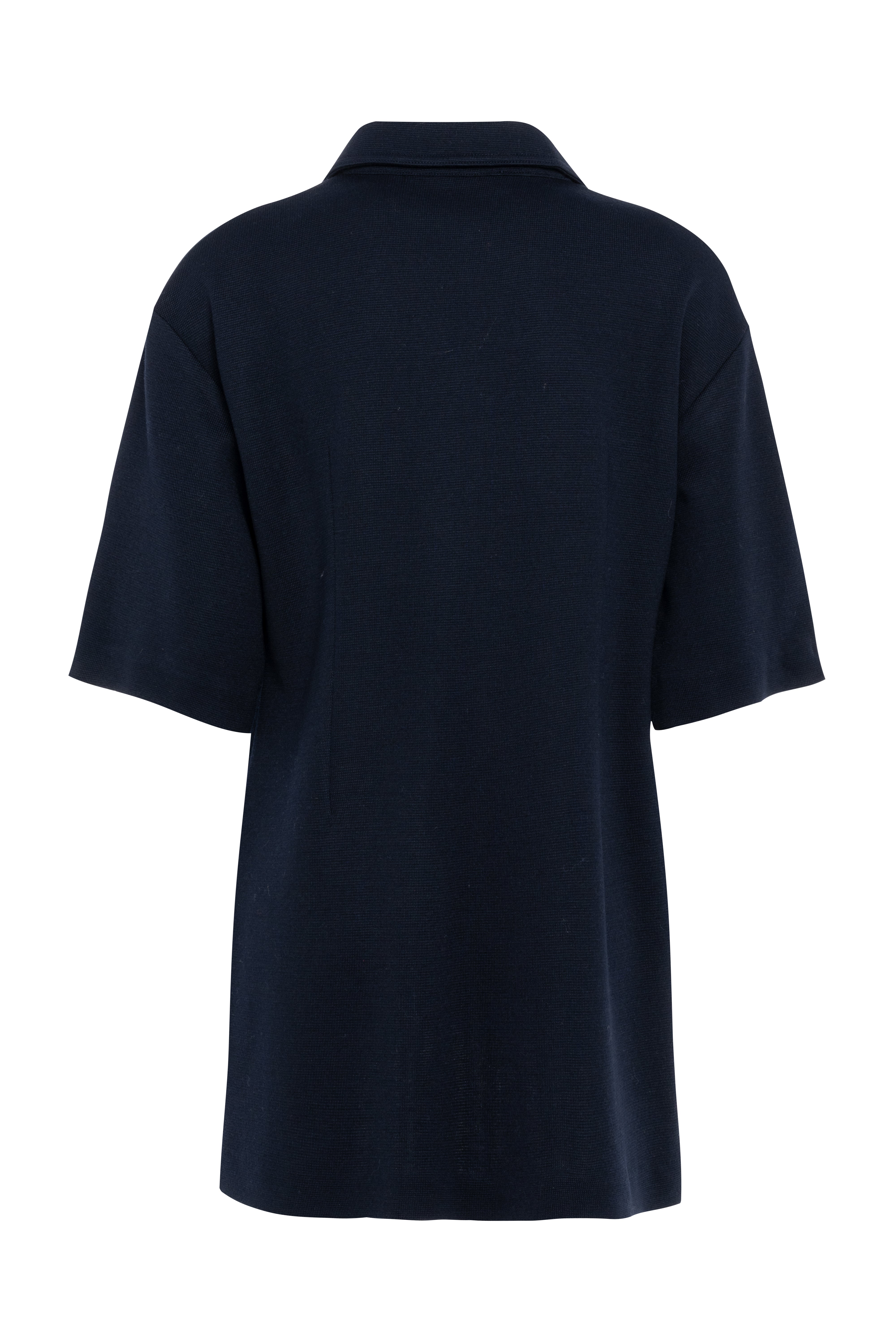 Dark Blue Short-Sleeve Polo Top With Front Zip In Wool Jersey