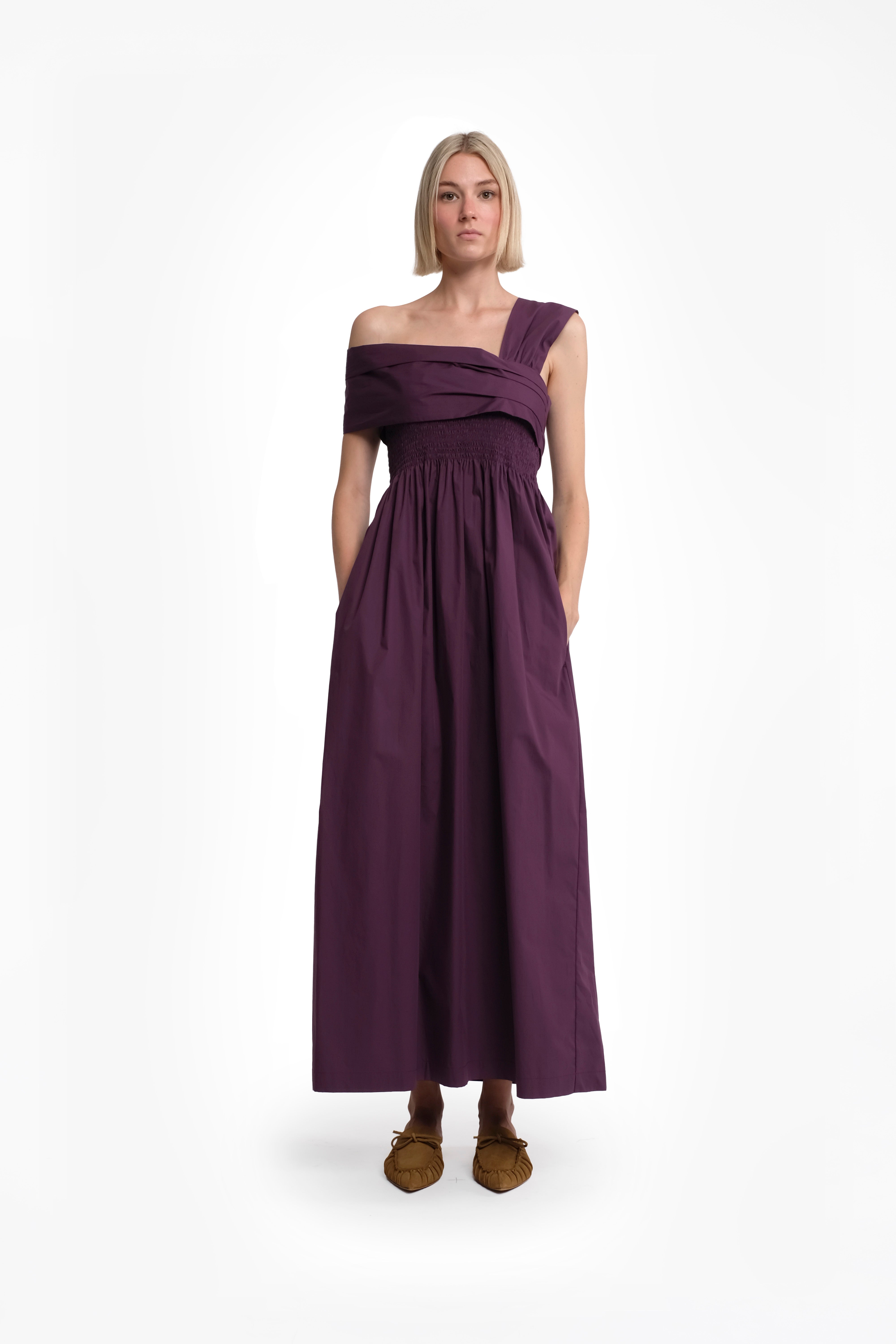 Purple Sleeveless Maxi Cotton Dress With Asymmetric Sleeves