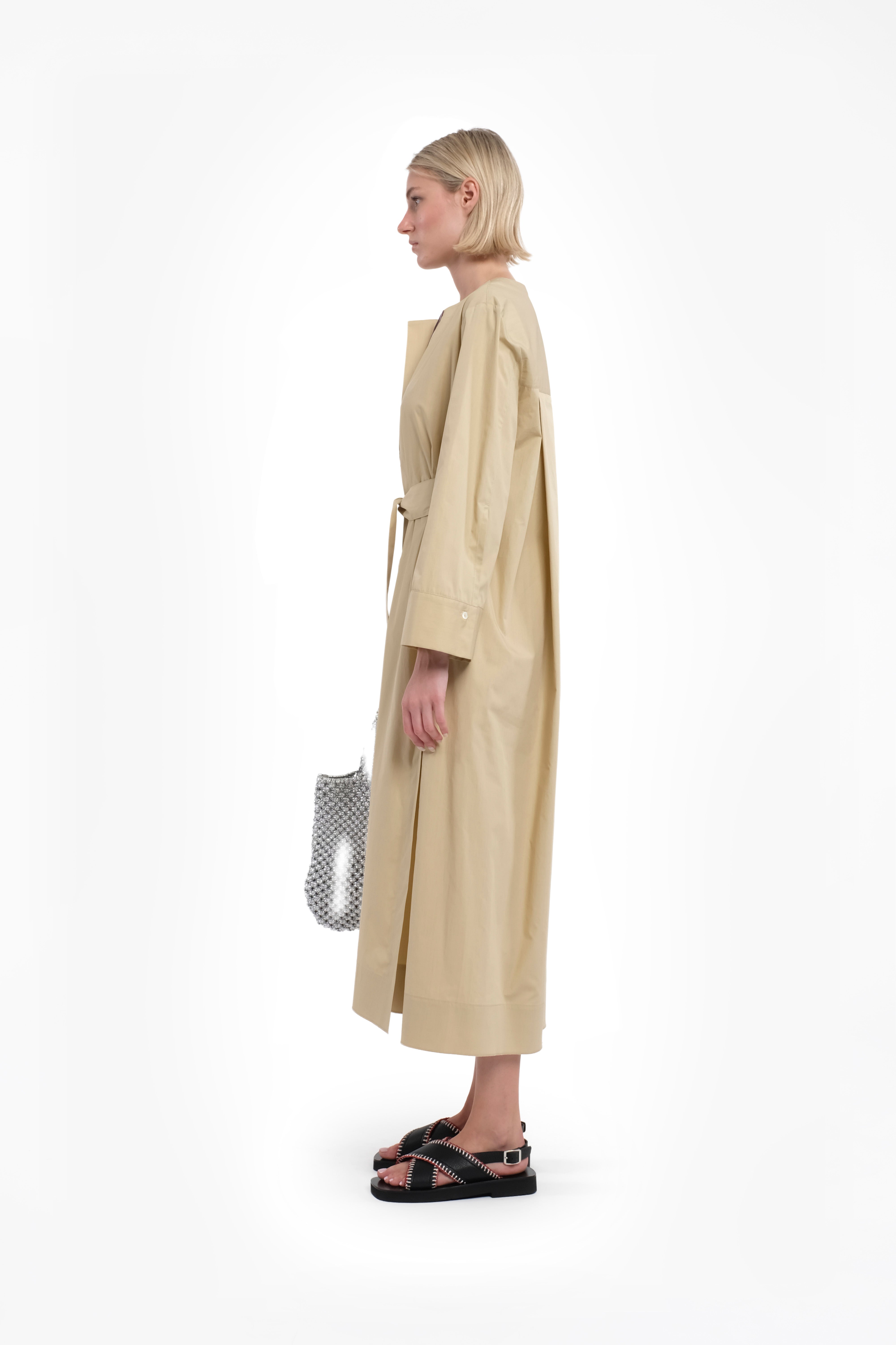 Abito kimono beige in popeline a maniche lunghe