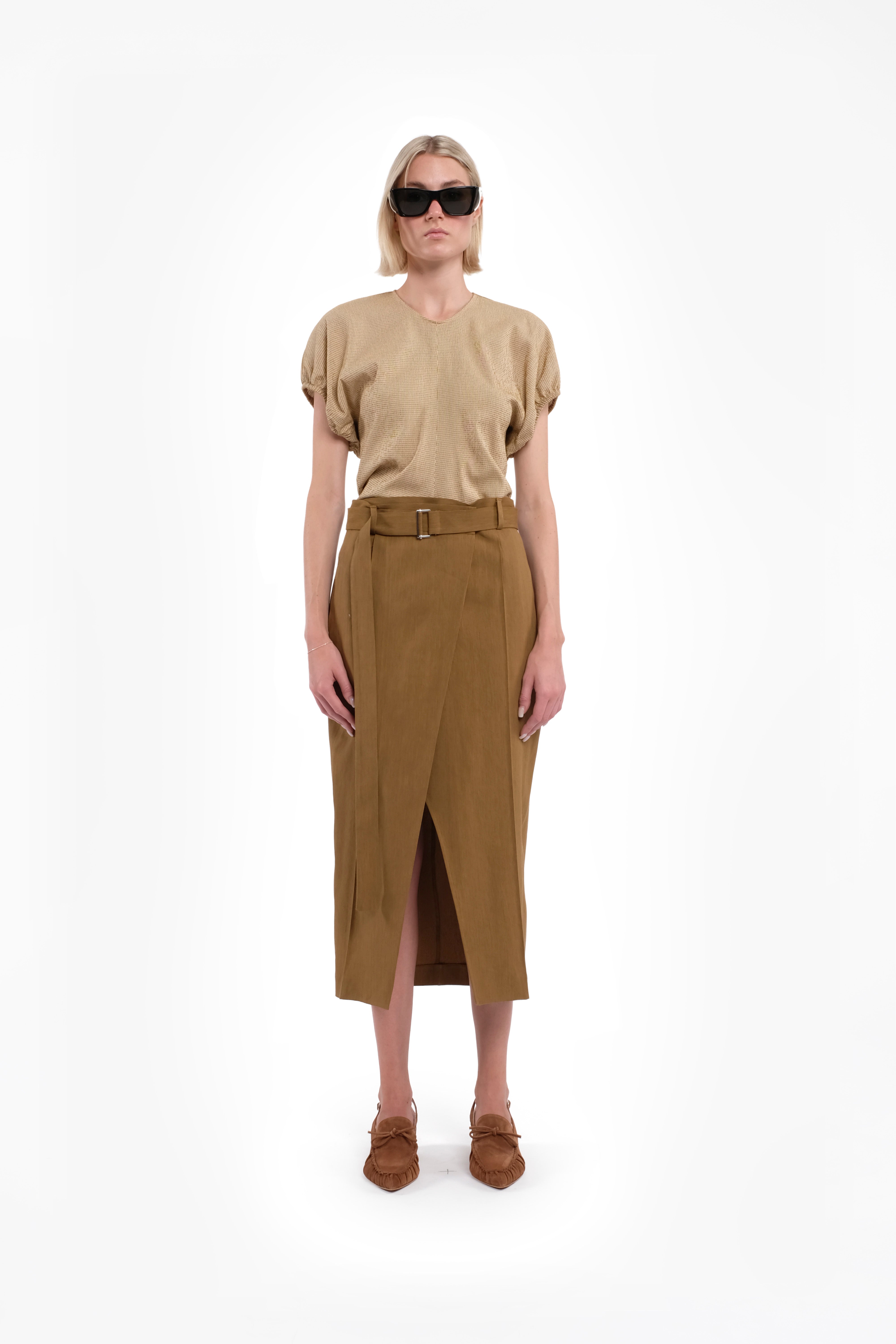 Open-Back Suede Moccasin Sandals With Heel And Strap In Coffee Color