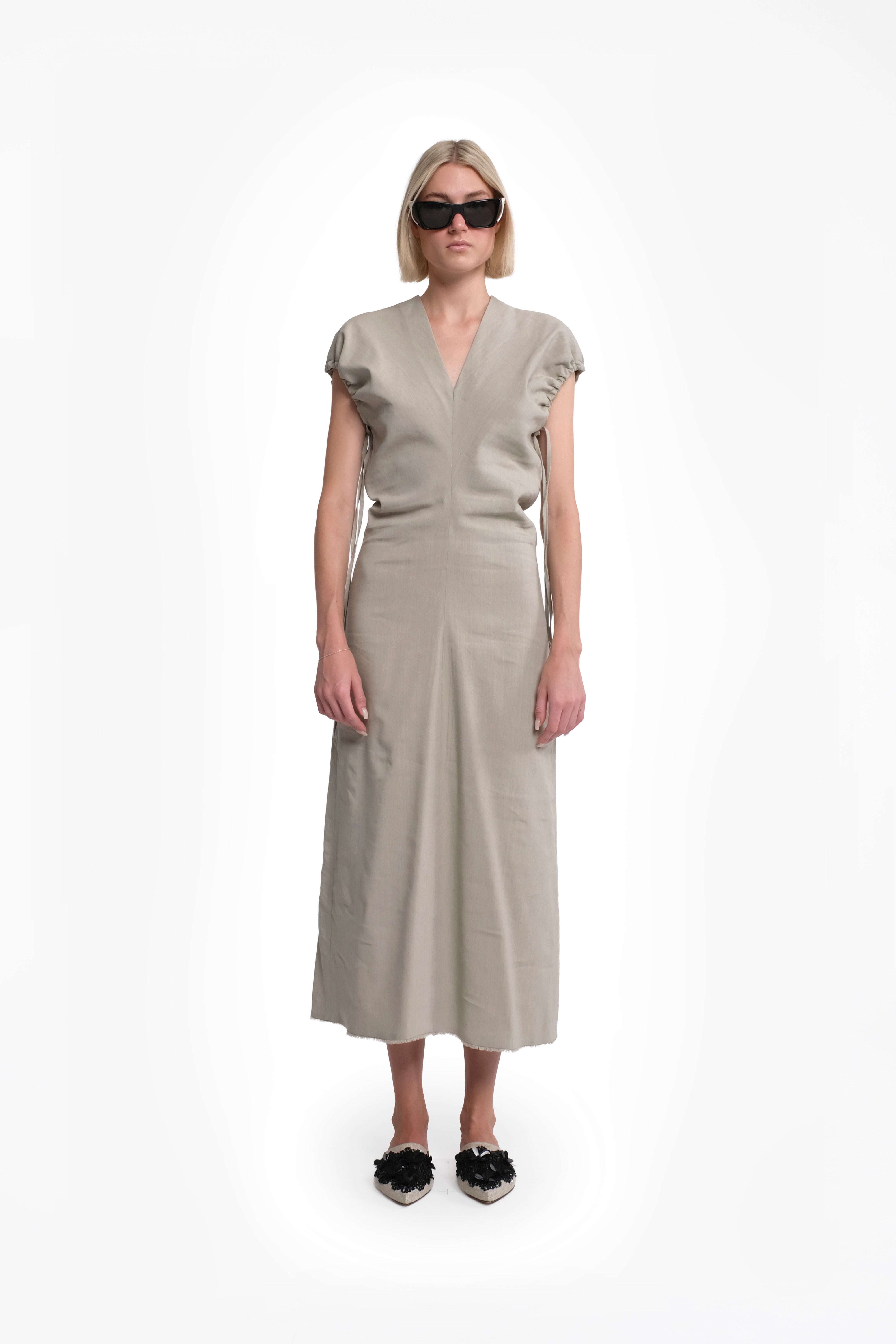 Light Grey Linen-Viscose Short-Sleeve Maxi Dress