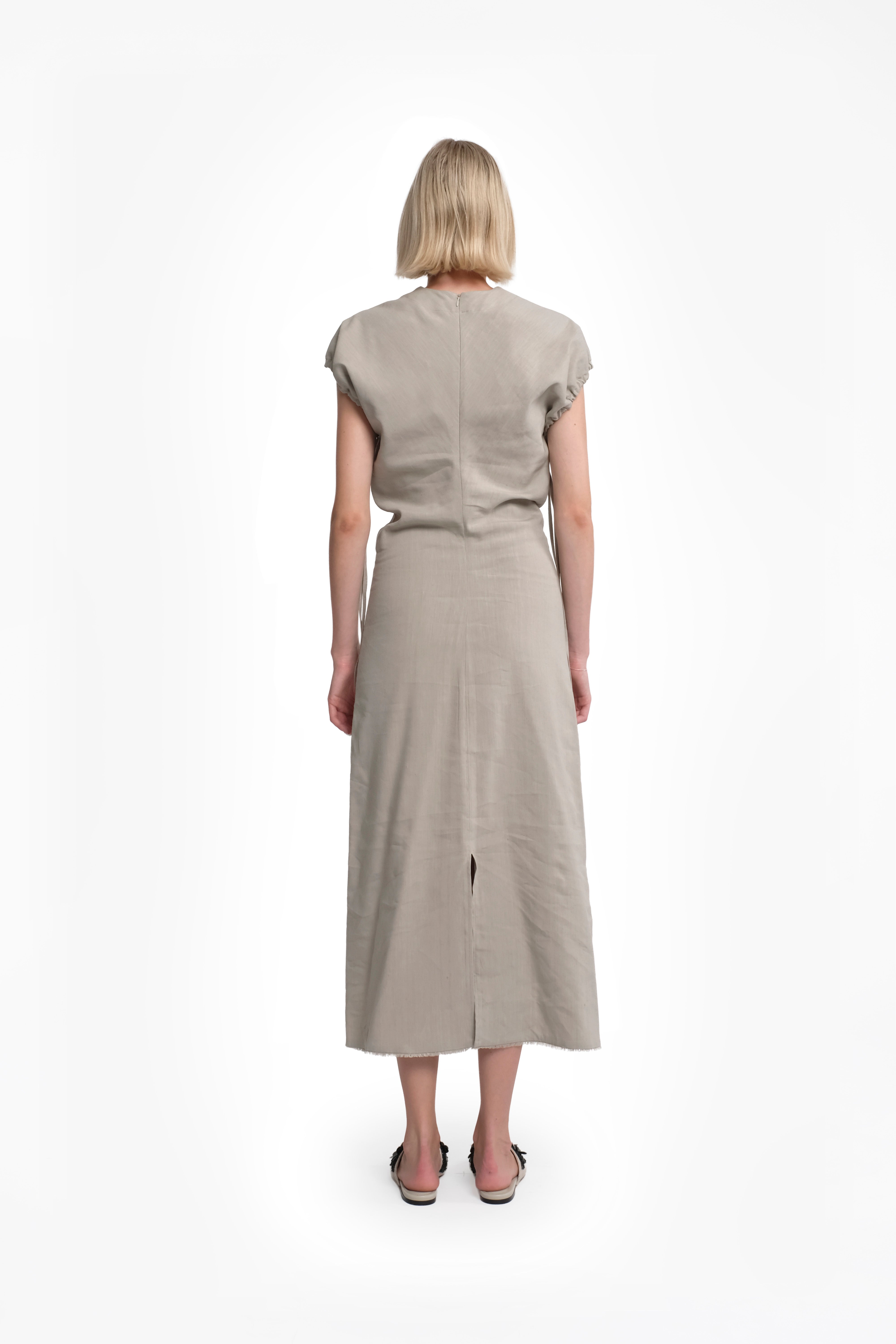 Light Grey Linen-Viscose Short-Sleeve Maxi Dress