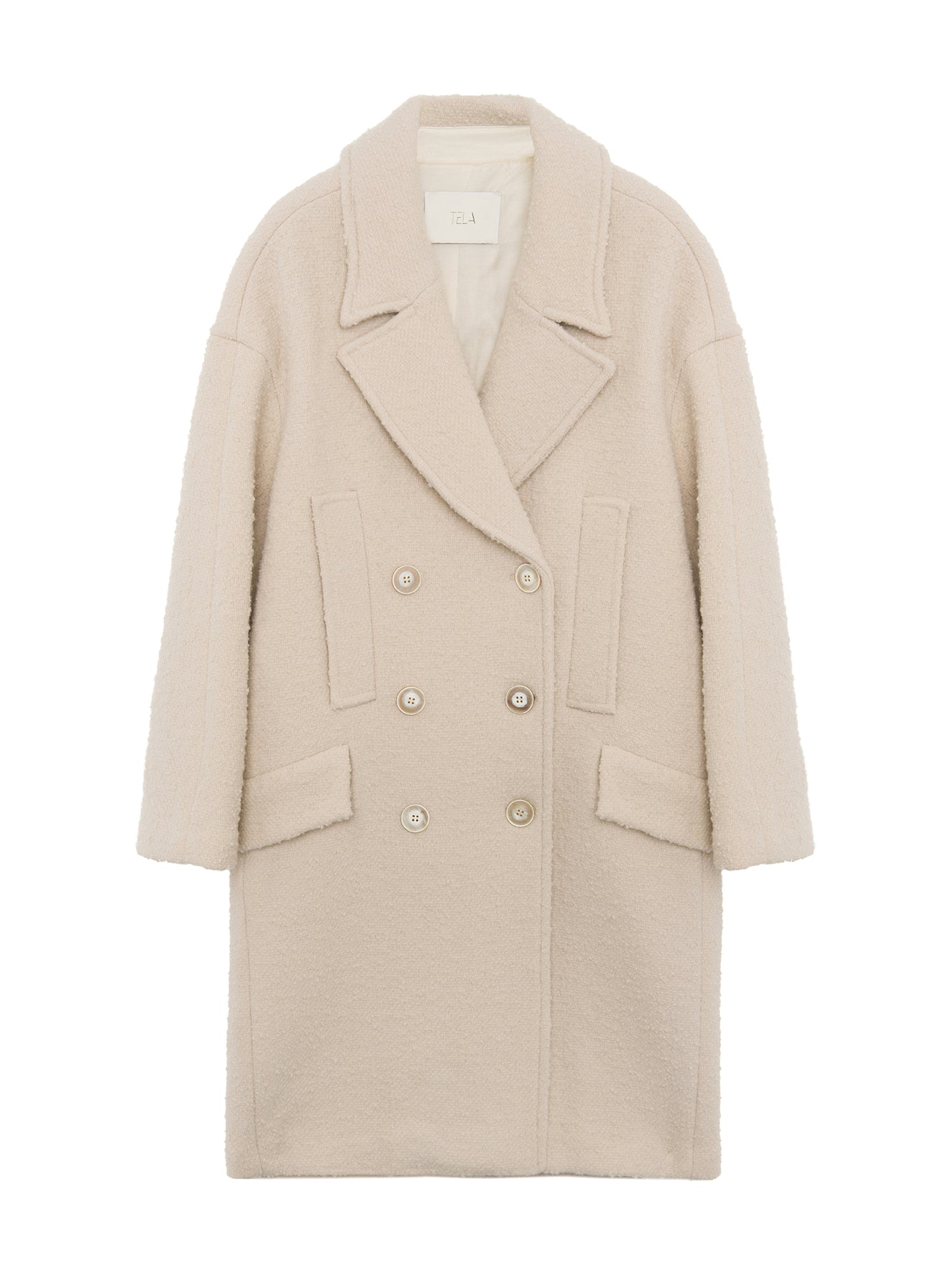 Cream White Bouclé Double-Breasted Long Coat