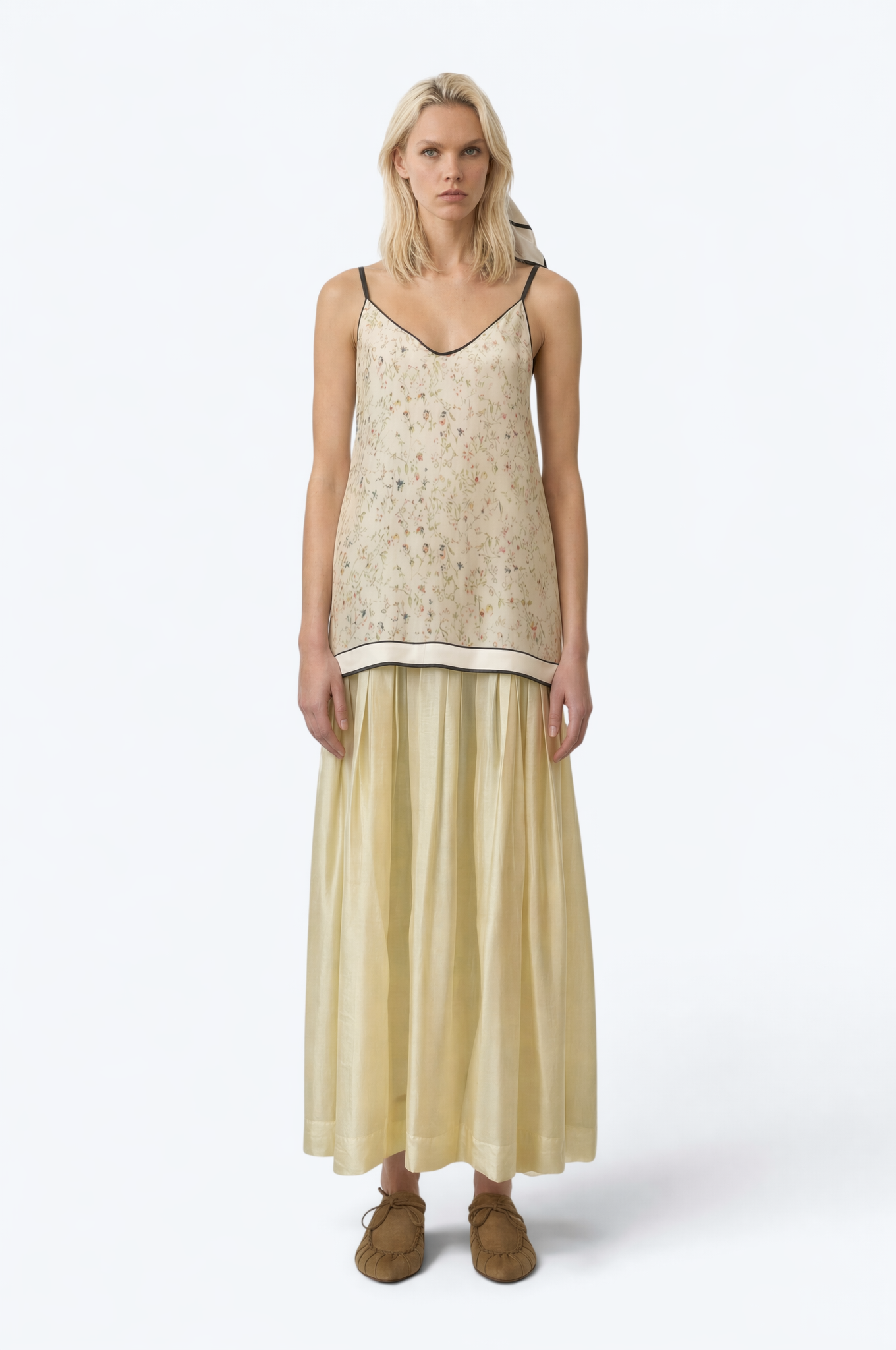 Floral Print Sleeveless Maxi Silk Dress With Pastel Yellow Skirt And Black Straps