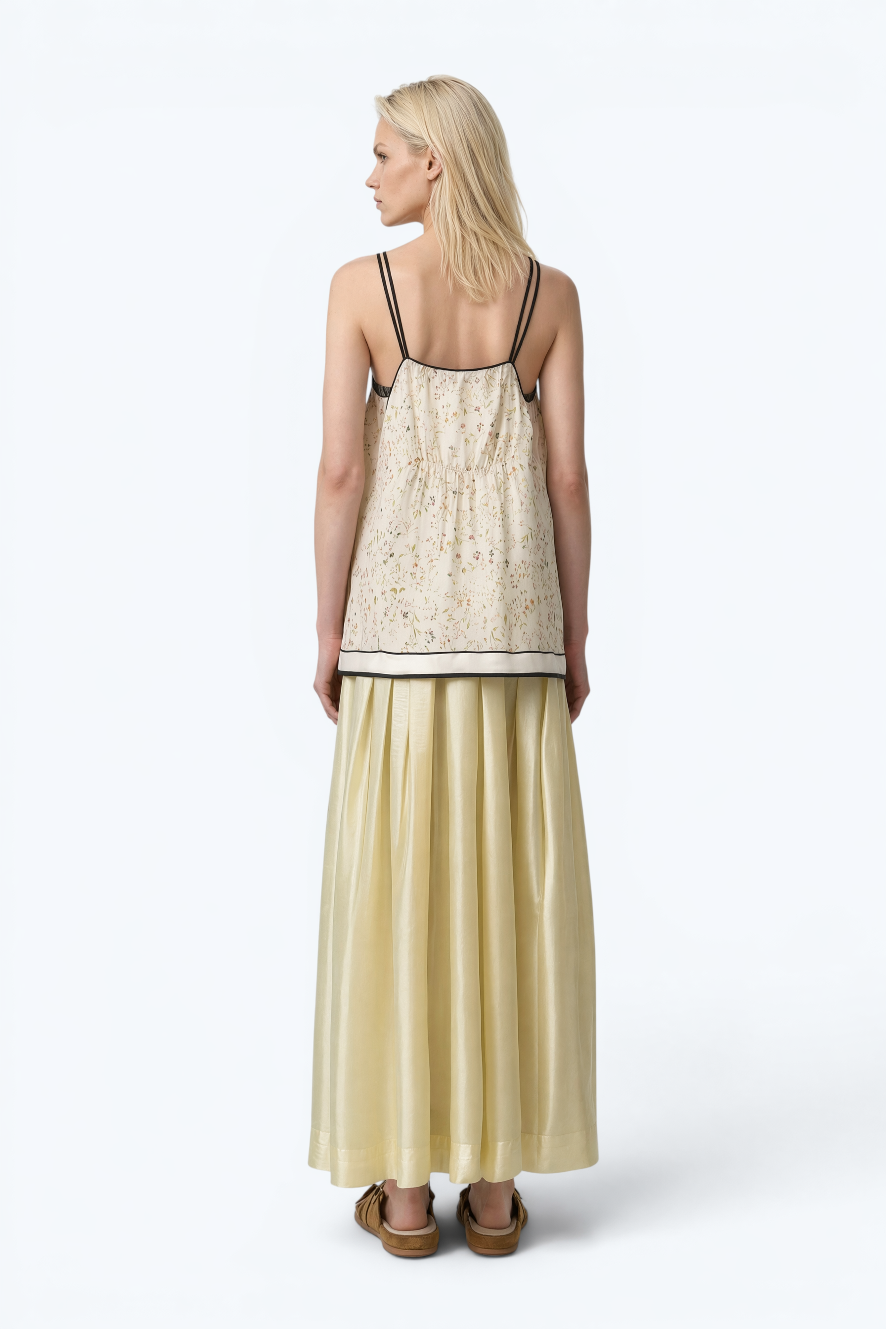 Floral Print Sleeveless Maxi Silk Dress With Pastel Yellow Skirt And Black Straps