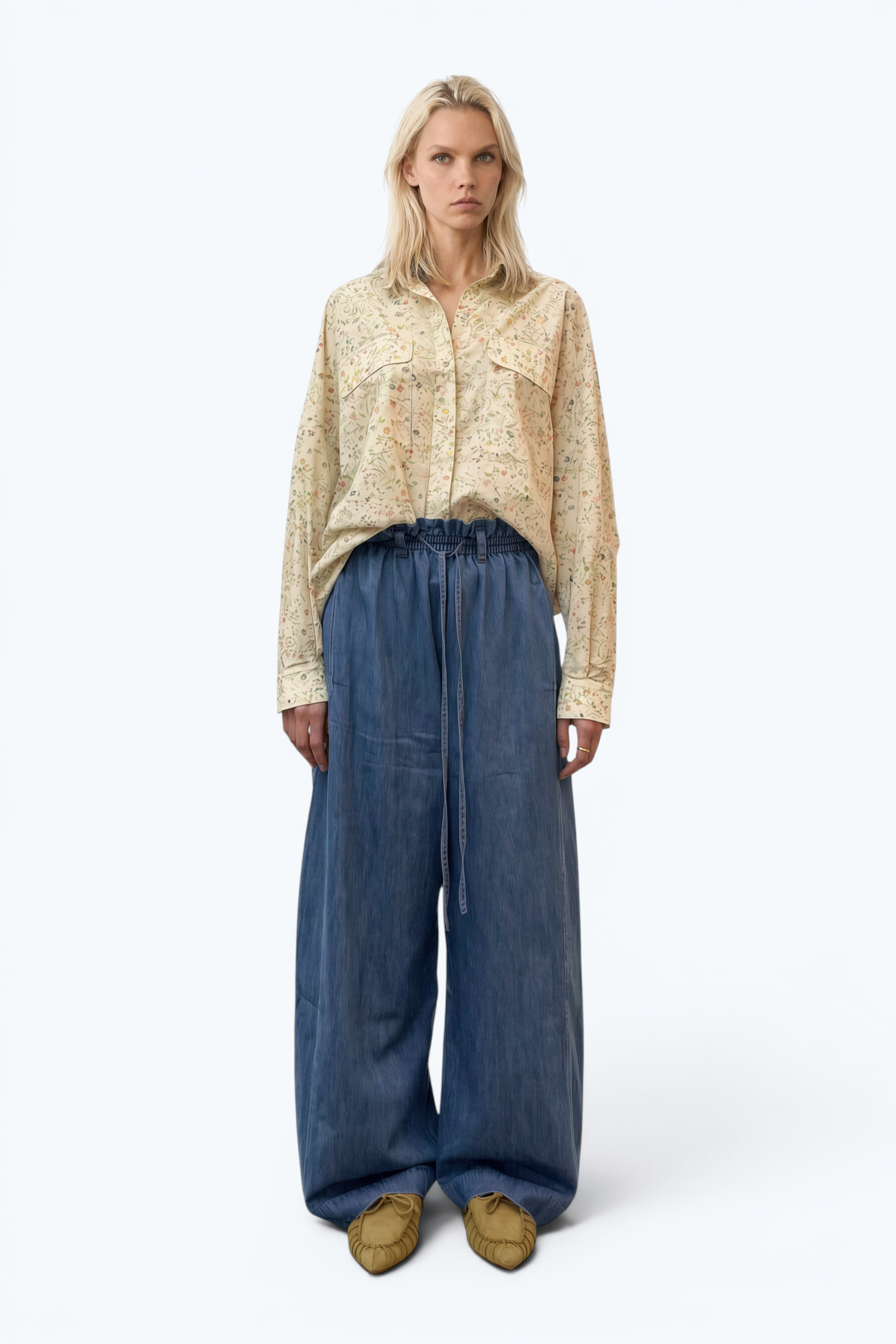 Wide-Leg Cotton Denim Trousers With Elasticated Waistband