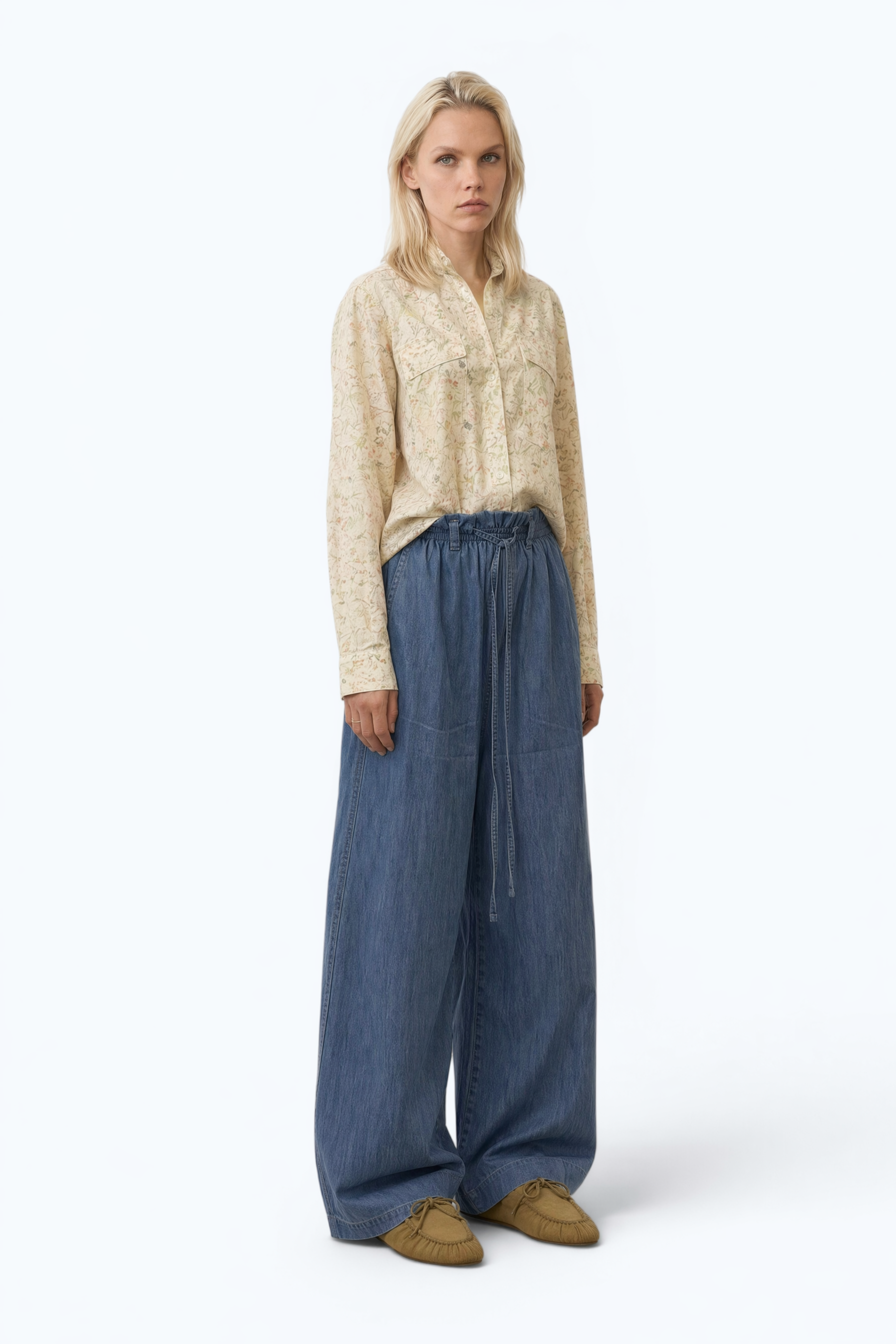 Wide-Leg Cotton Denim Trousers With Elasticated Waistband