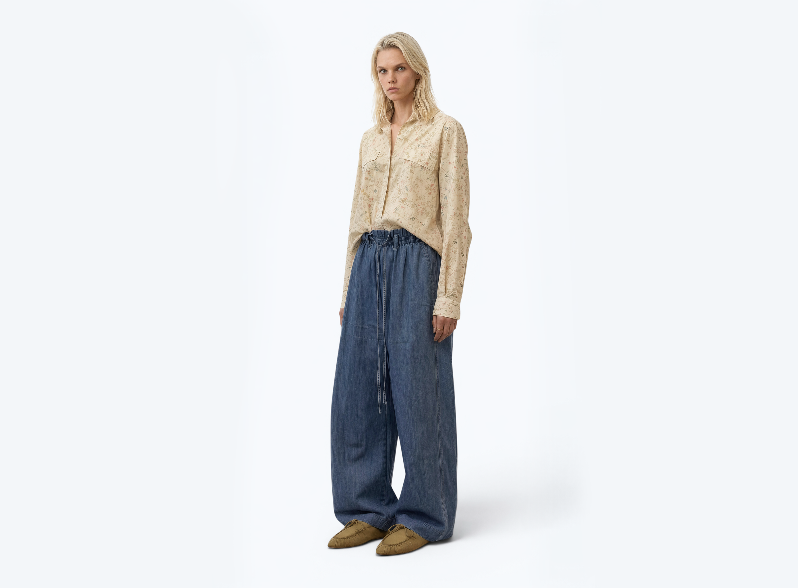Wide-Leg Cotton Denim Trousers With Elasticated Waistband