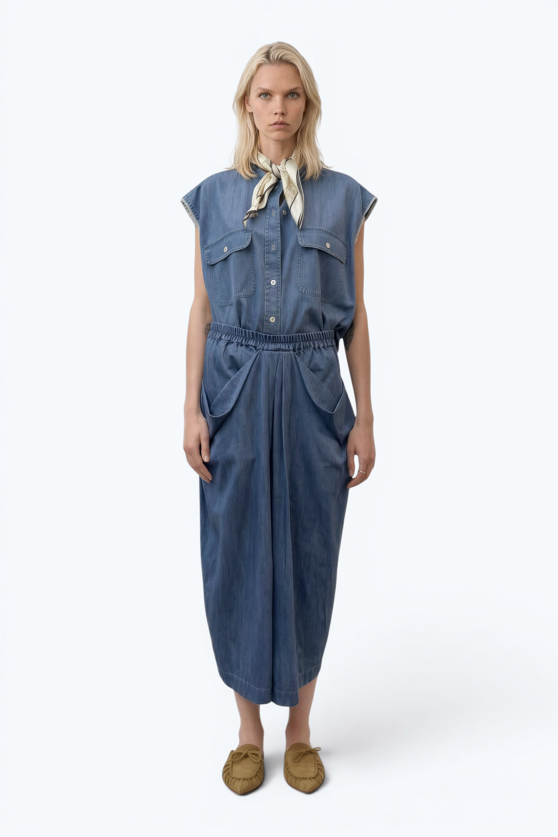 Midi Draped Denim Skirt In Cotton With Elasticated Waistband