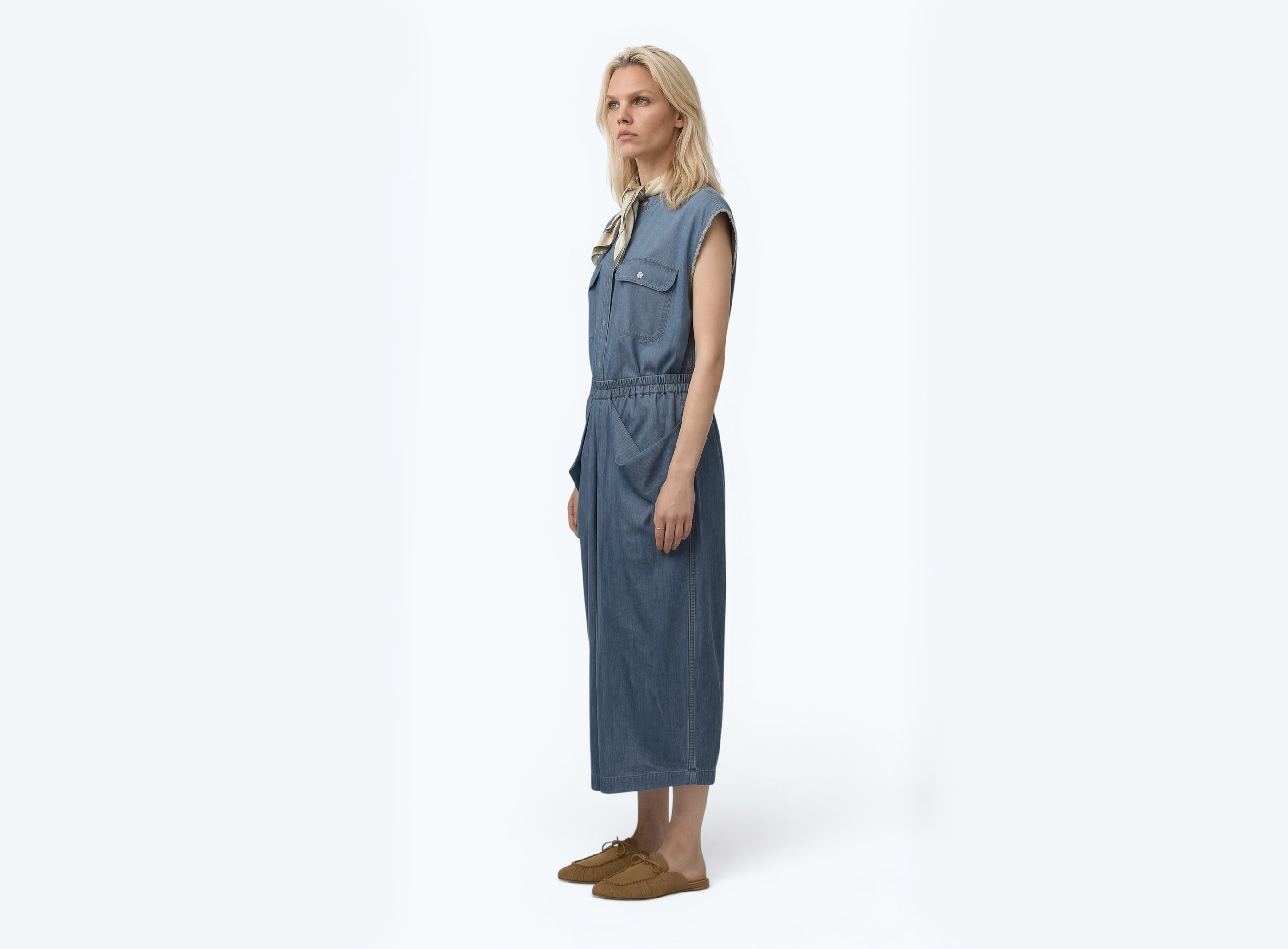 Midi Draped Denim Skirt In Cotton With Elasticated Waistband