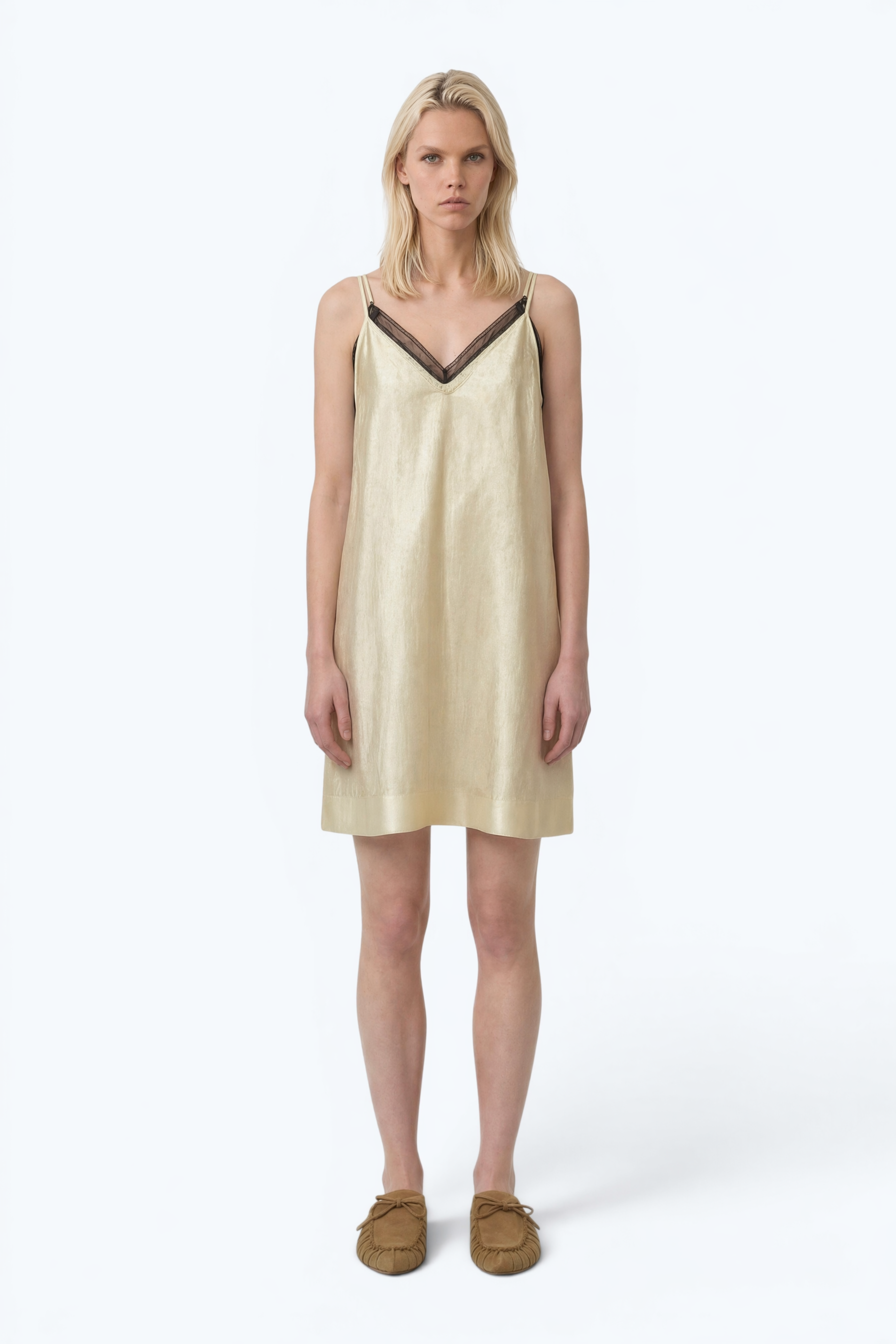 Pastel Yellow Sleeveless Mini Dress Lingerie-Style In Soft Cotton