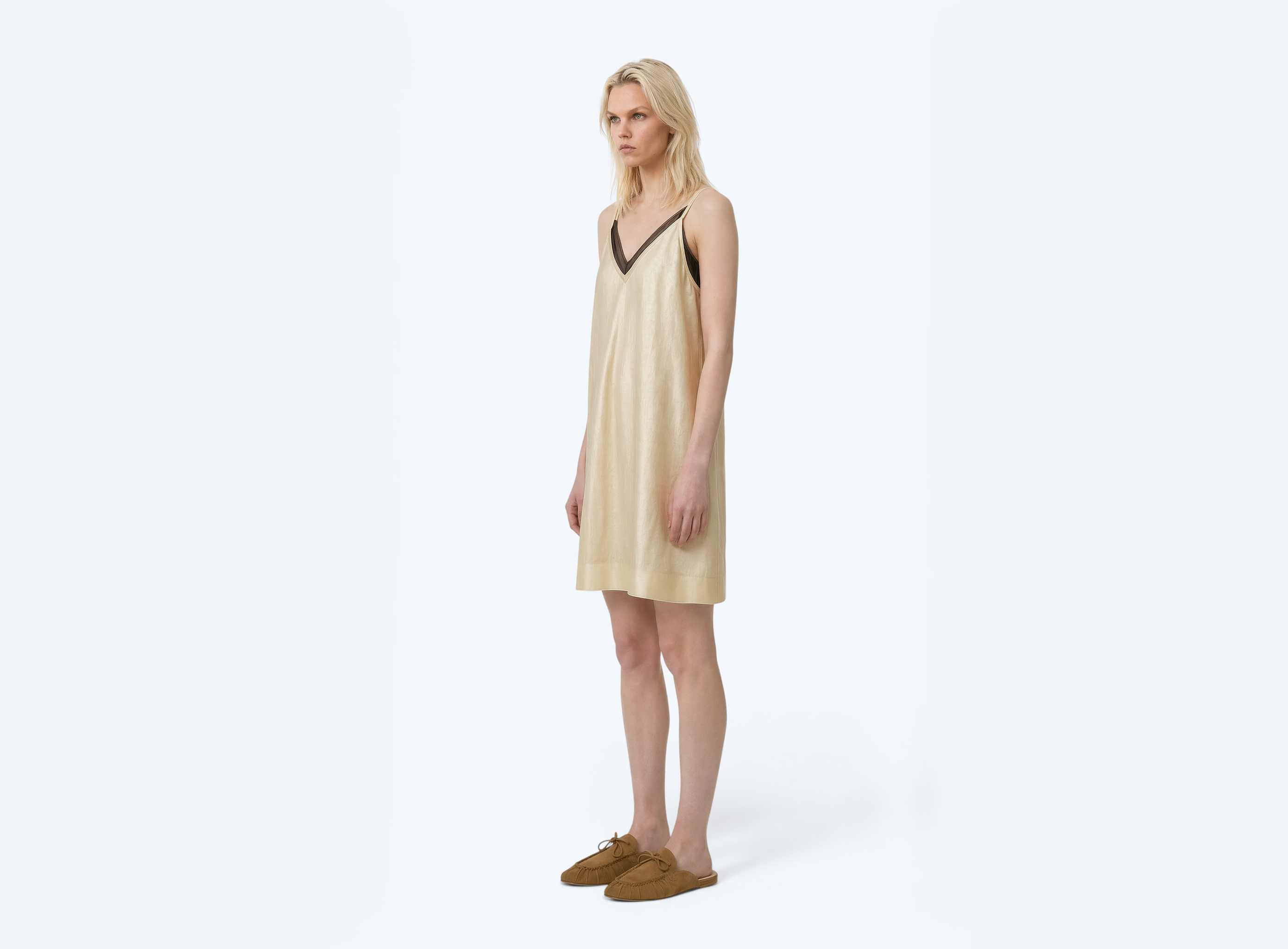 Pastel Yellow Sleeveless Mini Dress Lingerie-Style In Soft Cotton