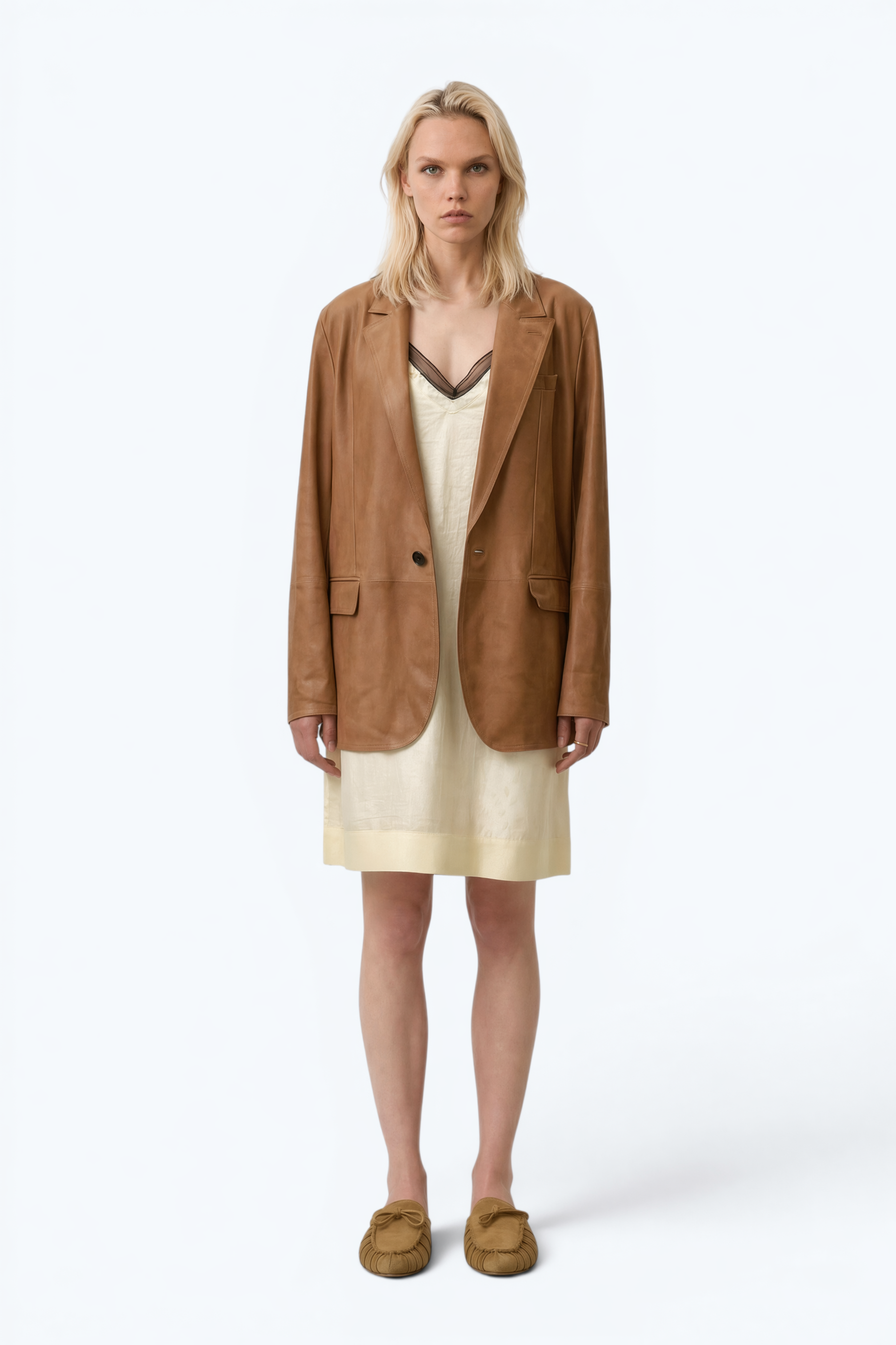 Single-Breasted Blazer Jacket In Beige Waxed Suede