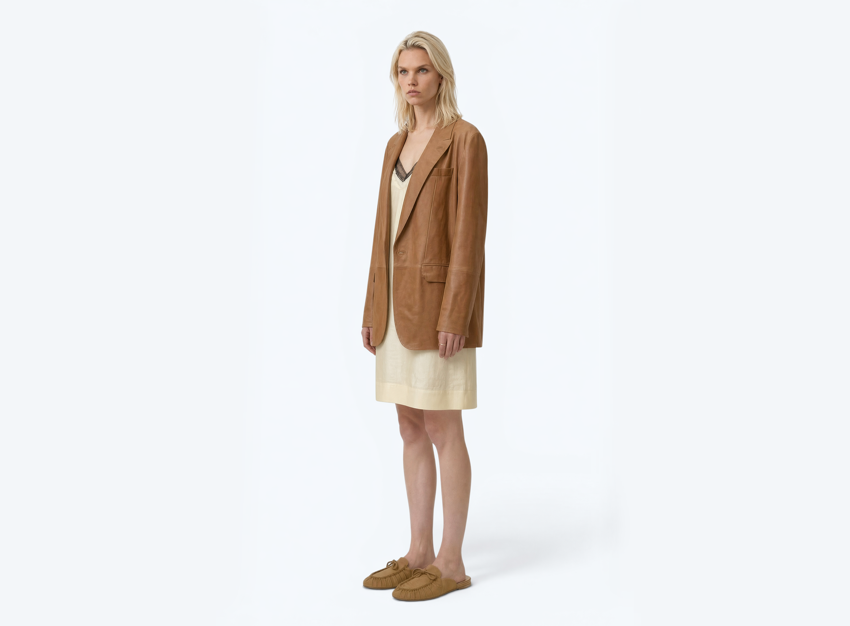 Single-Breasted Blazer Jacket In Beige Waxed Suede
