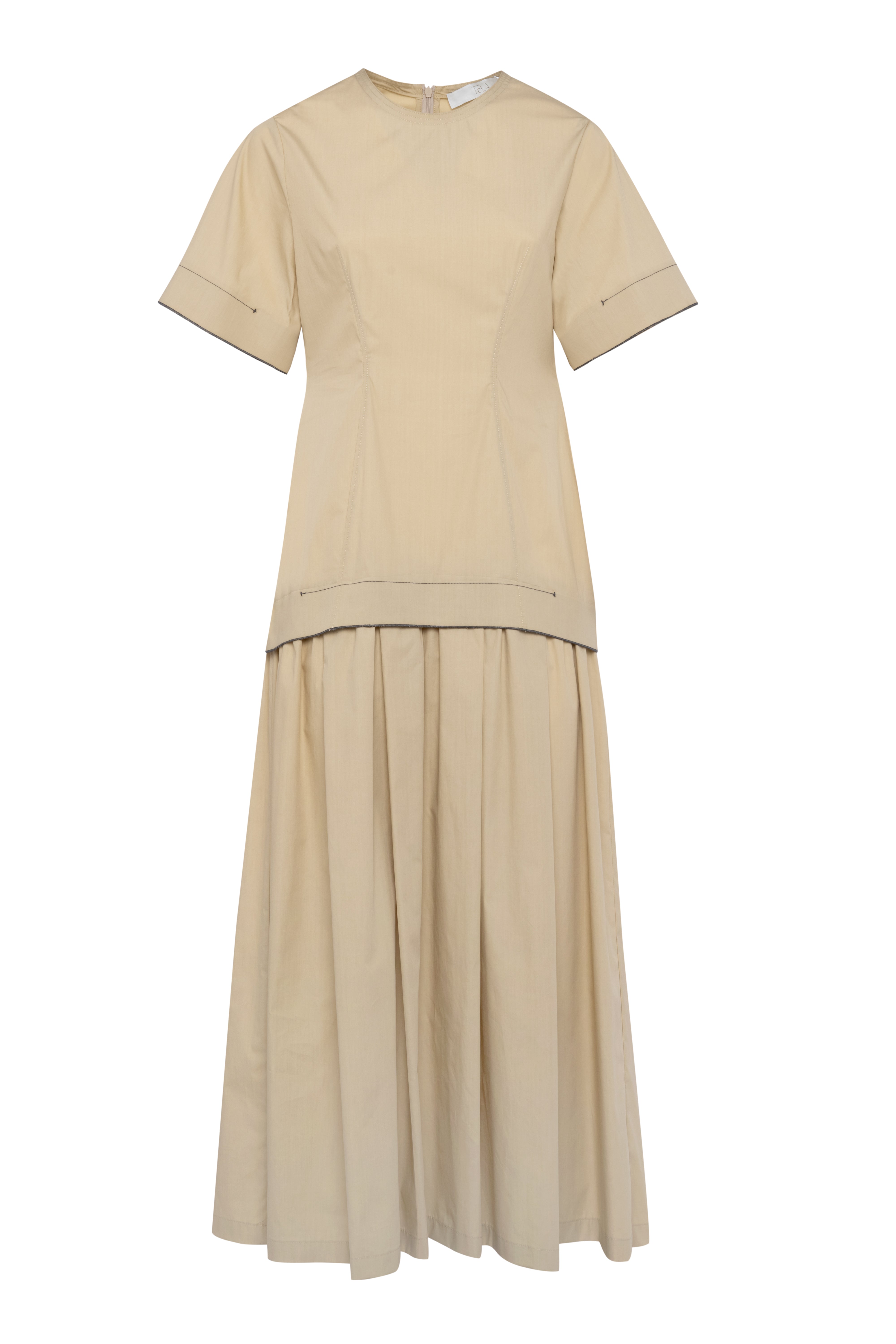 Beige Short-Sleeve Poplin Dress With Pleated Skirt