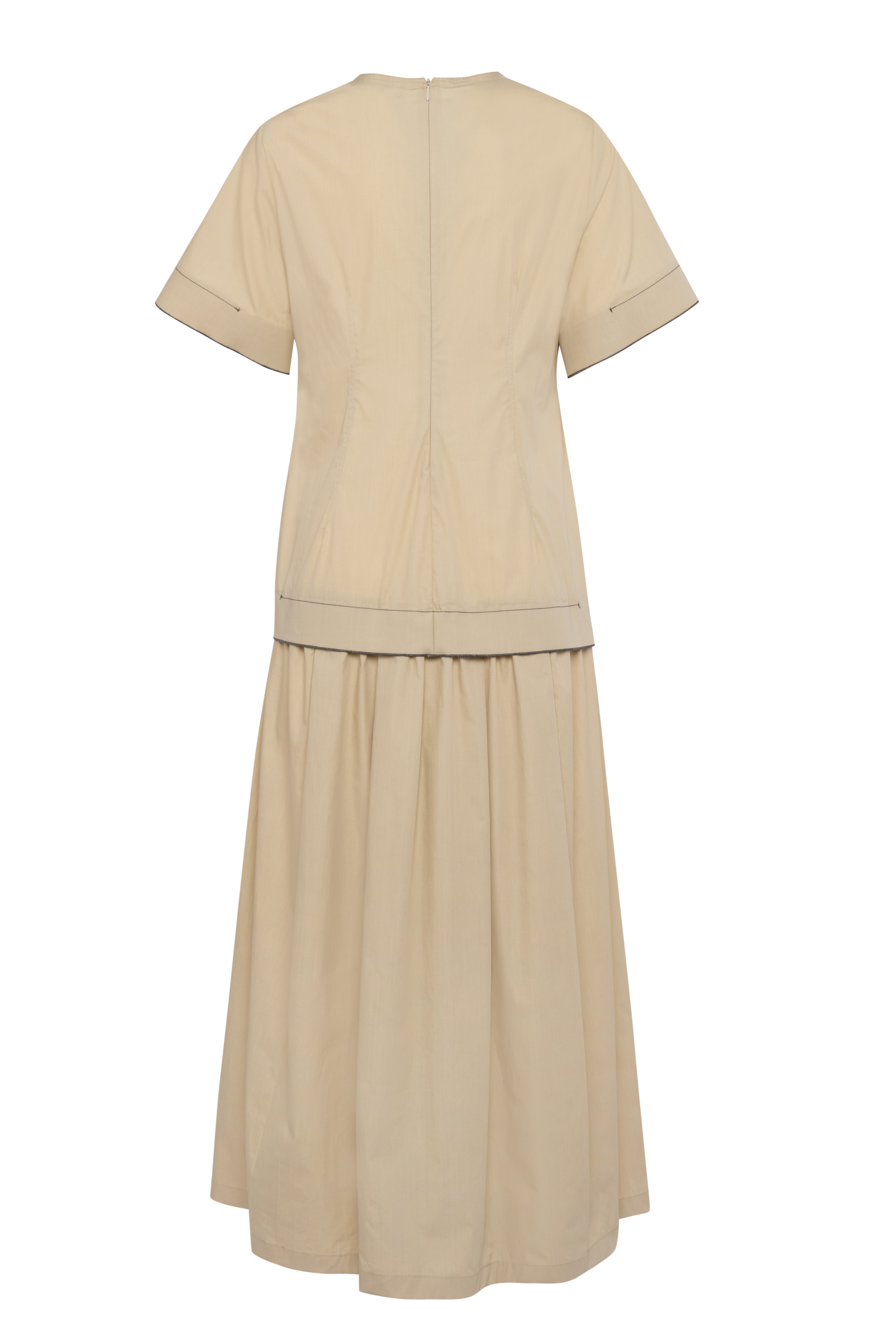 Beige Short-Sleeve Poplin Dress With Pleated Skirt