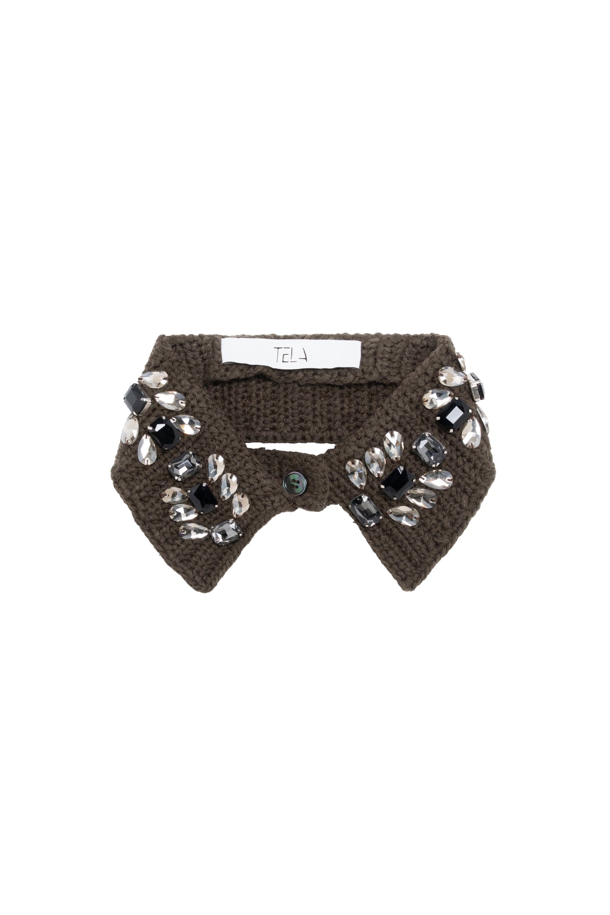 Brown Embroidered Crochet Collar With Stones And Button