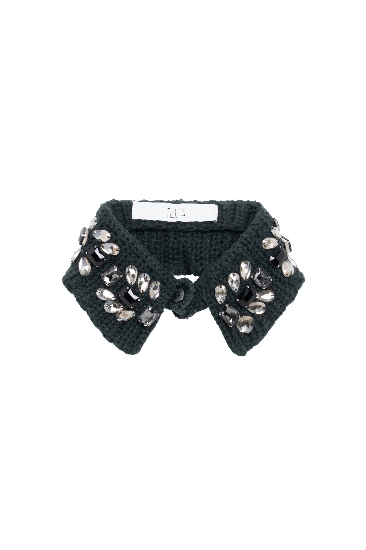 Grey Embroidered Crochet Collar With Stones And Button