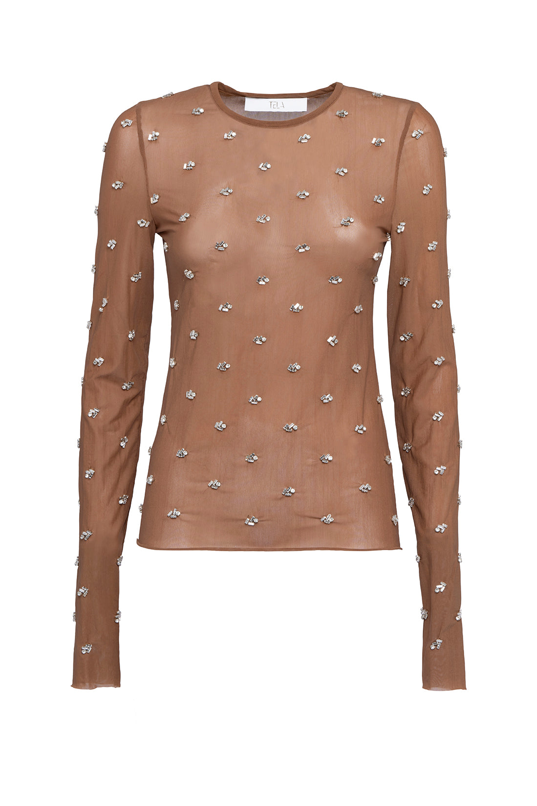 Top in tulle a maniche lunghe con dettagli gioiello ricamati